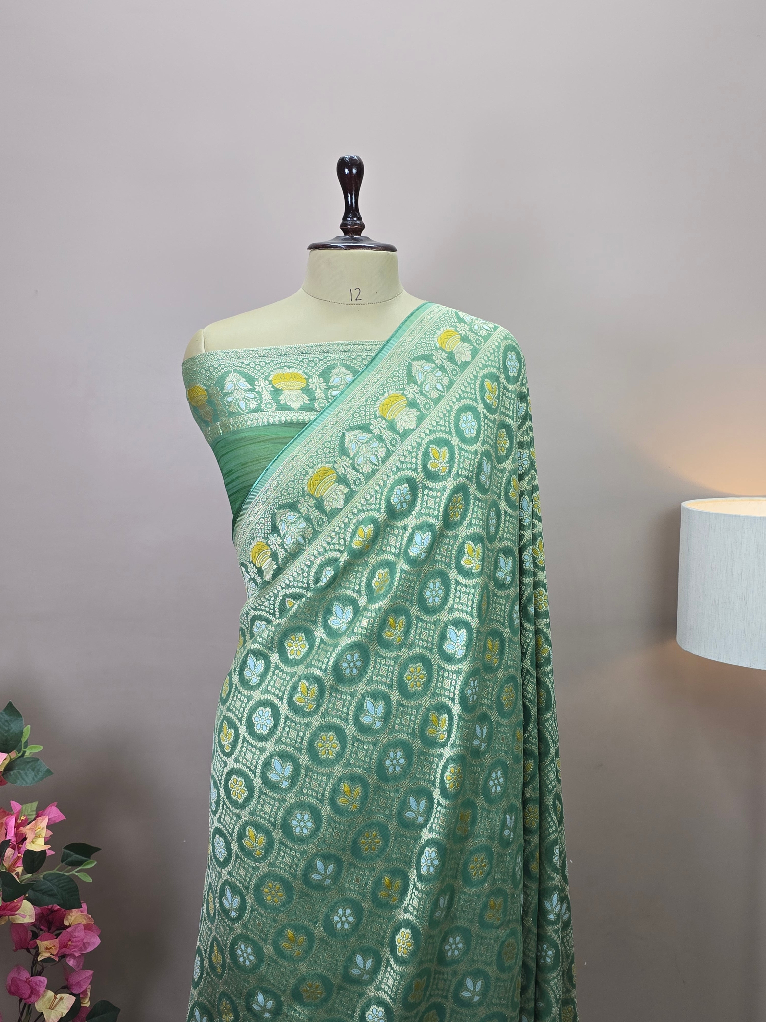 Premium Georgette Banarasi Bandhej Saree with Meenakari Motifs