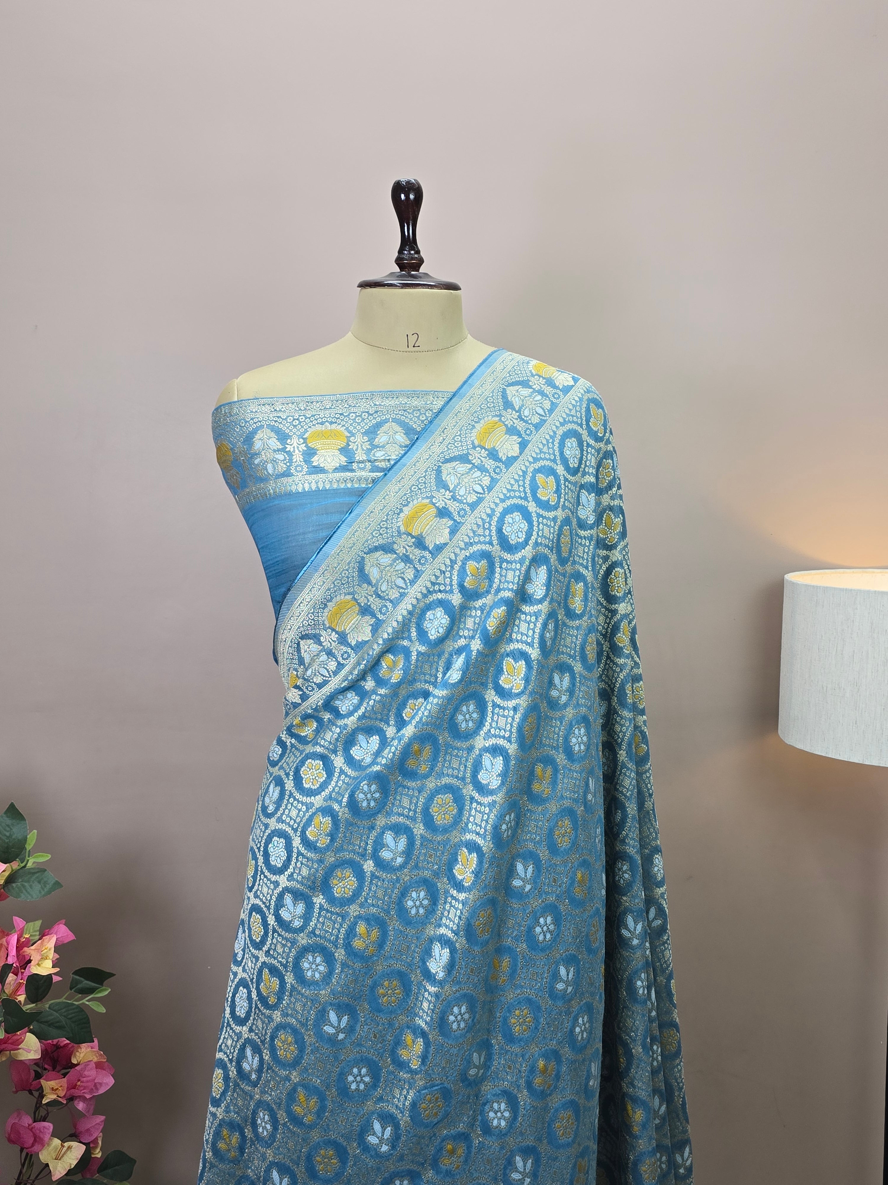 Premium Georgette Banarasi Bandhej Saree with Meenakari Motifs
