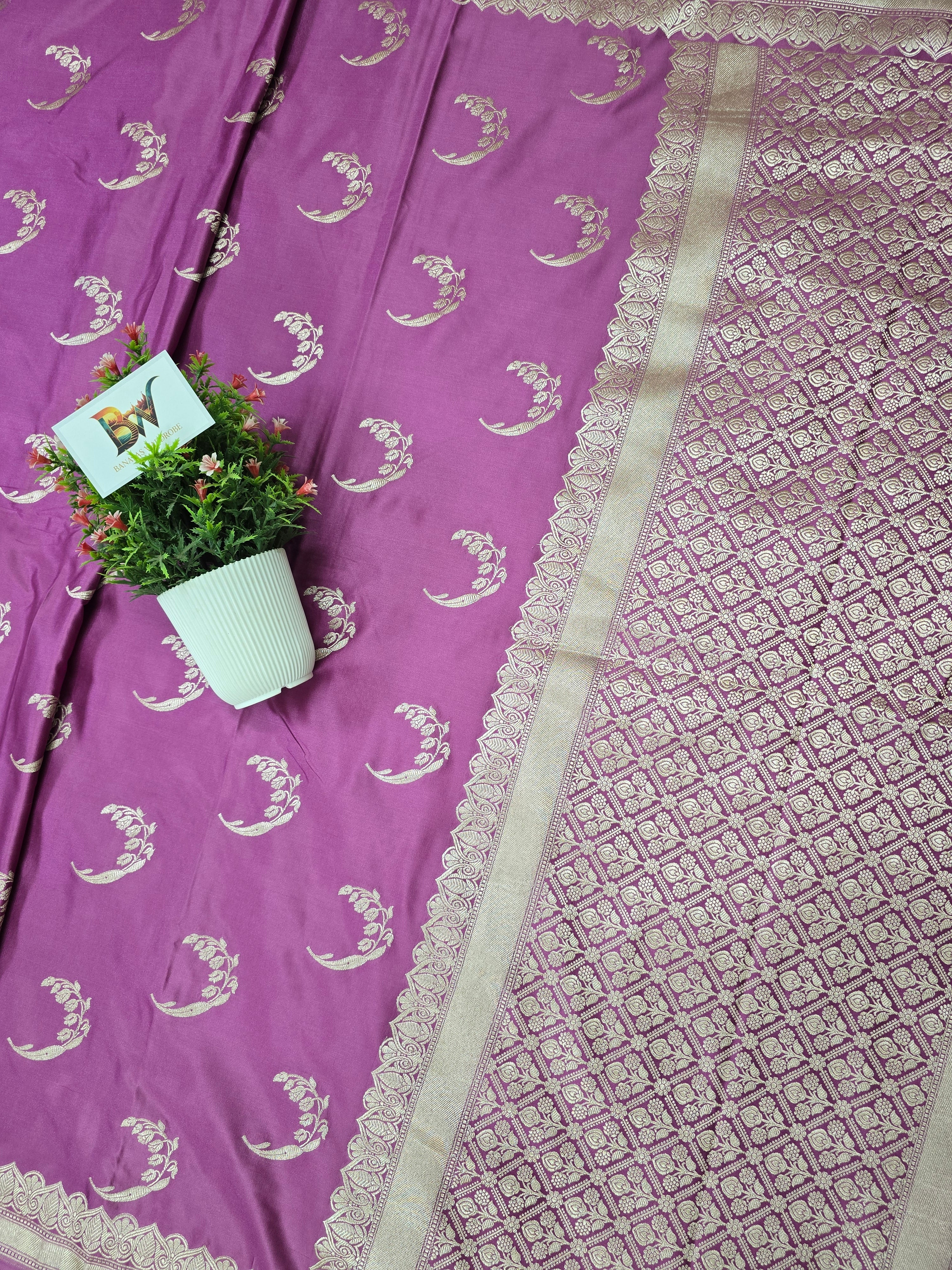 Banarasi Mashru Katan Silk Saree with Crescent Buta and Open Border Design