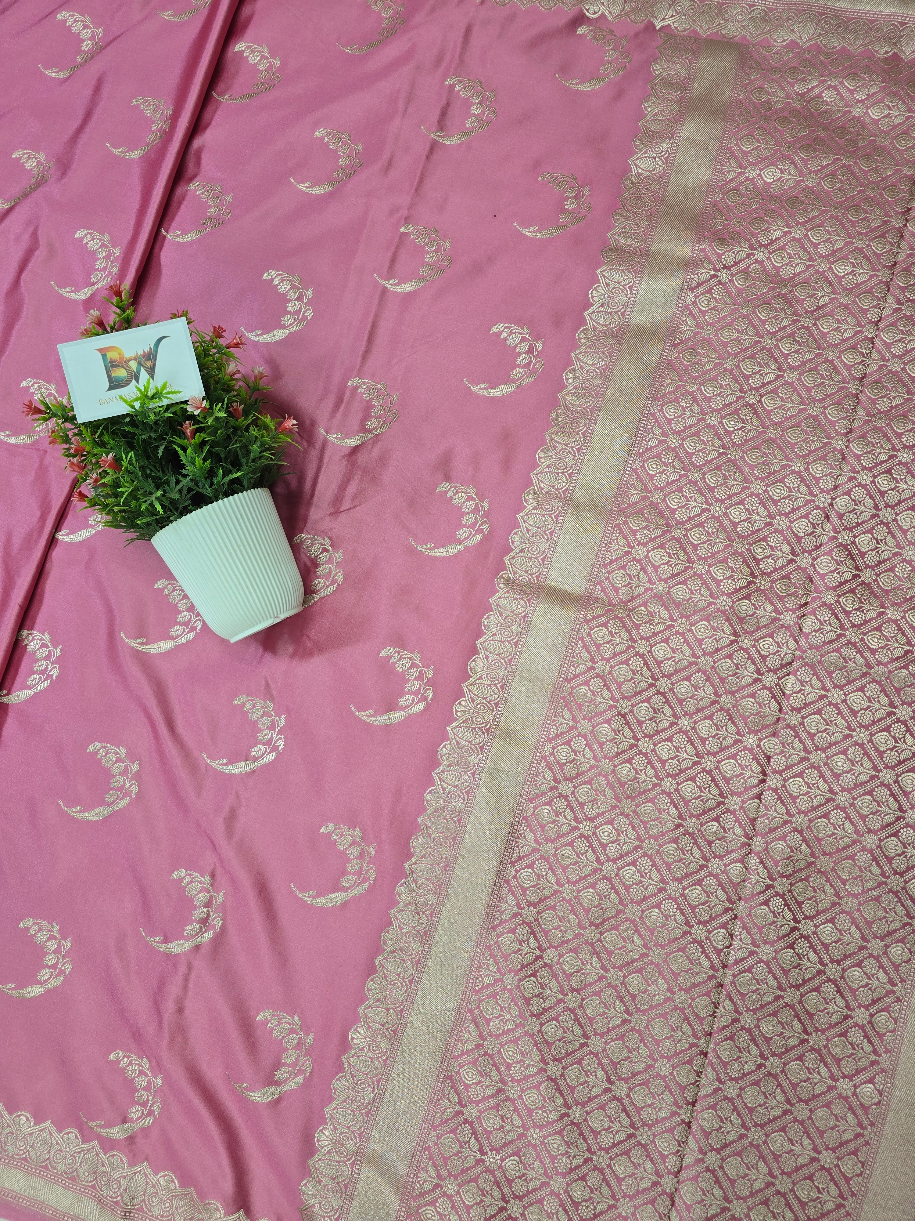 Banarasi Mashru Katan Silk Saree with Crescent Buta and Open Border Design