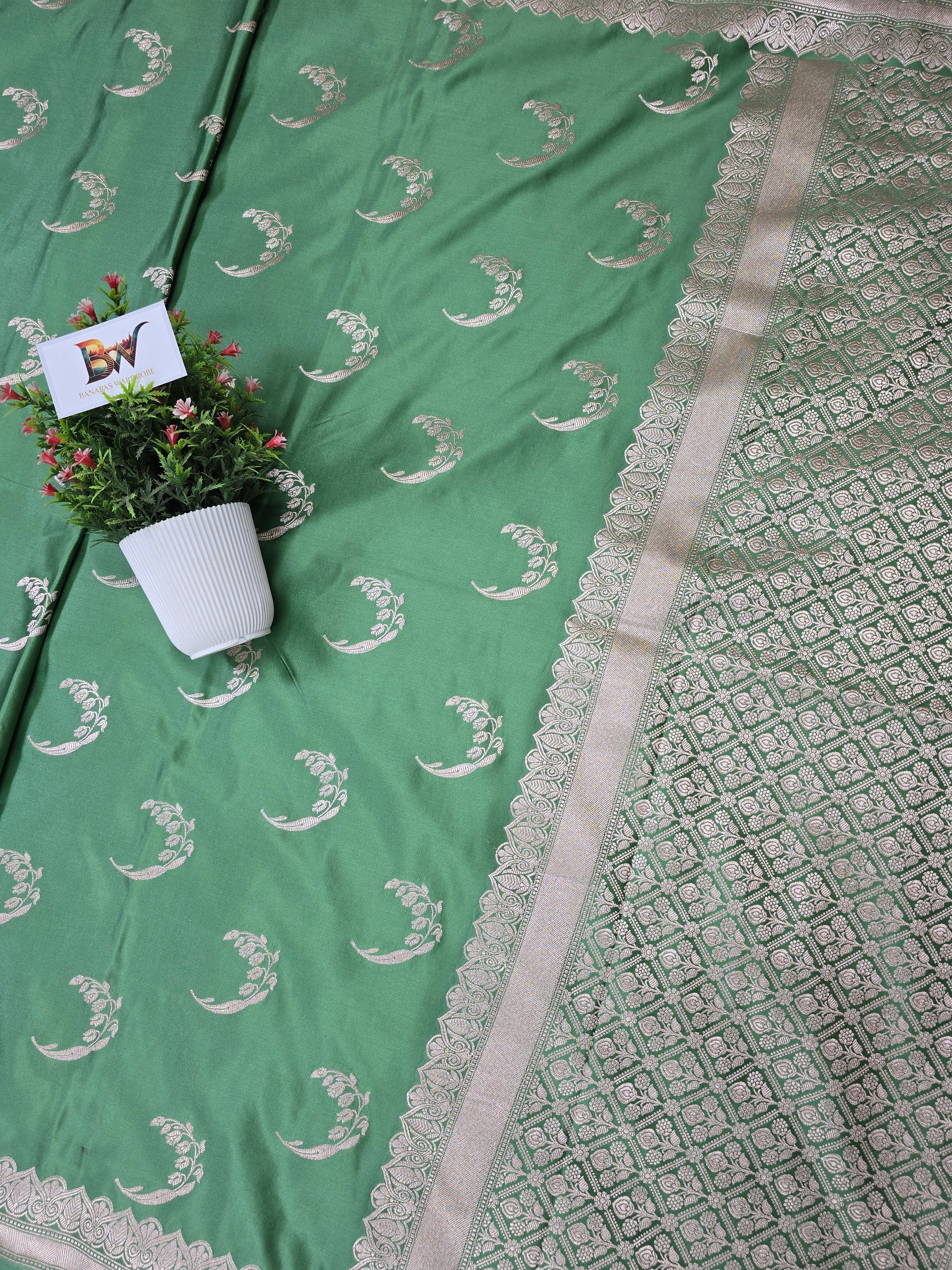 Banarasi Mashru Katan Silk Saree with Crescent Buta and Open Border Design