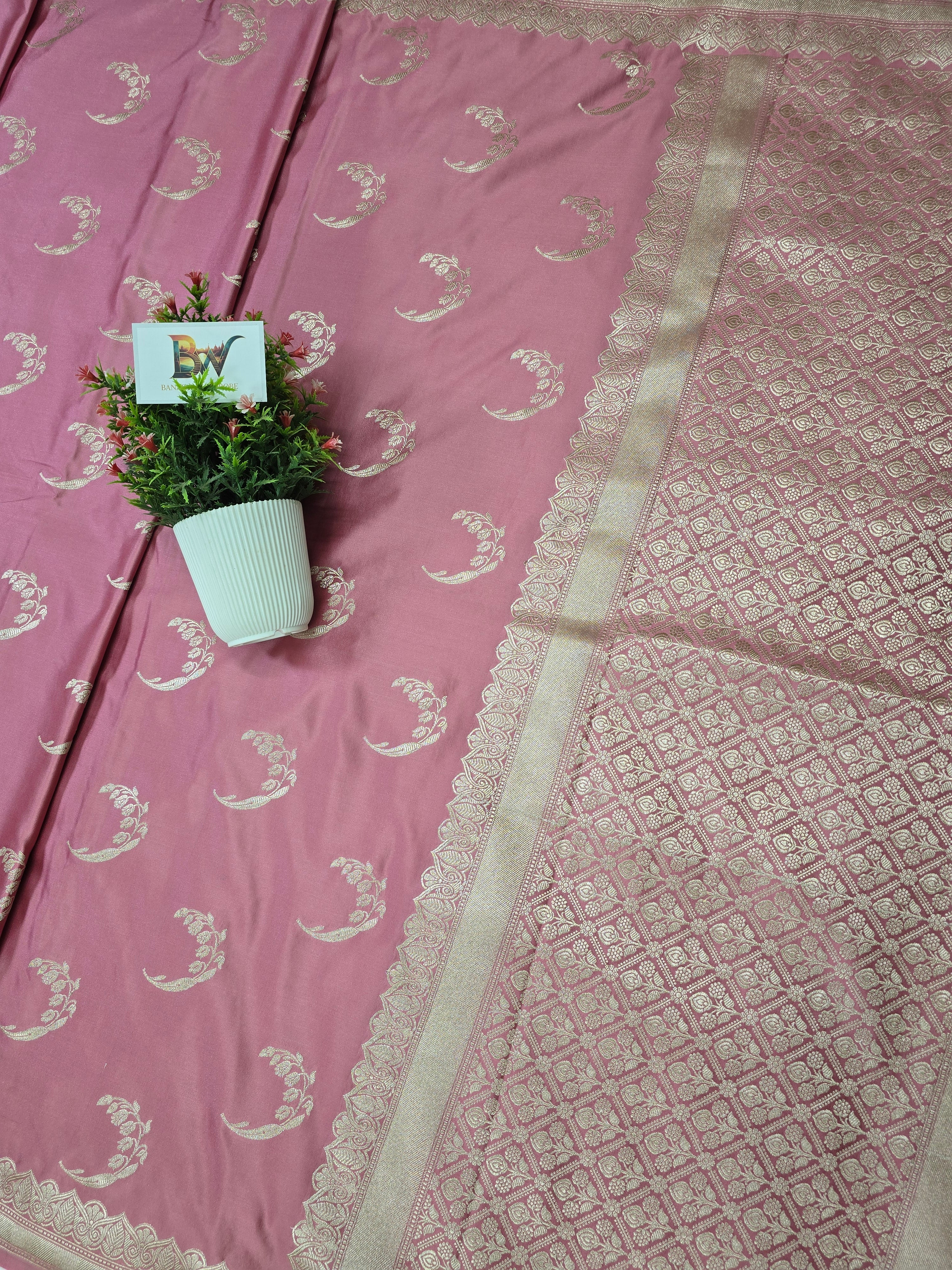 Banarasi Mashru Katan Silk Saree with Crescent Buta and Open Border Design