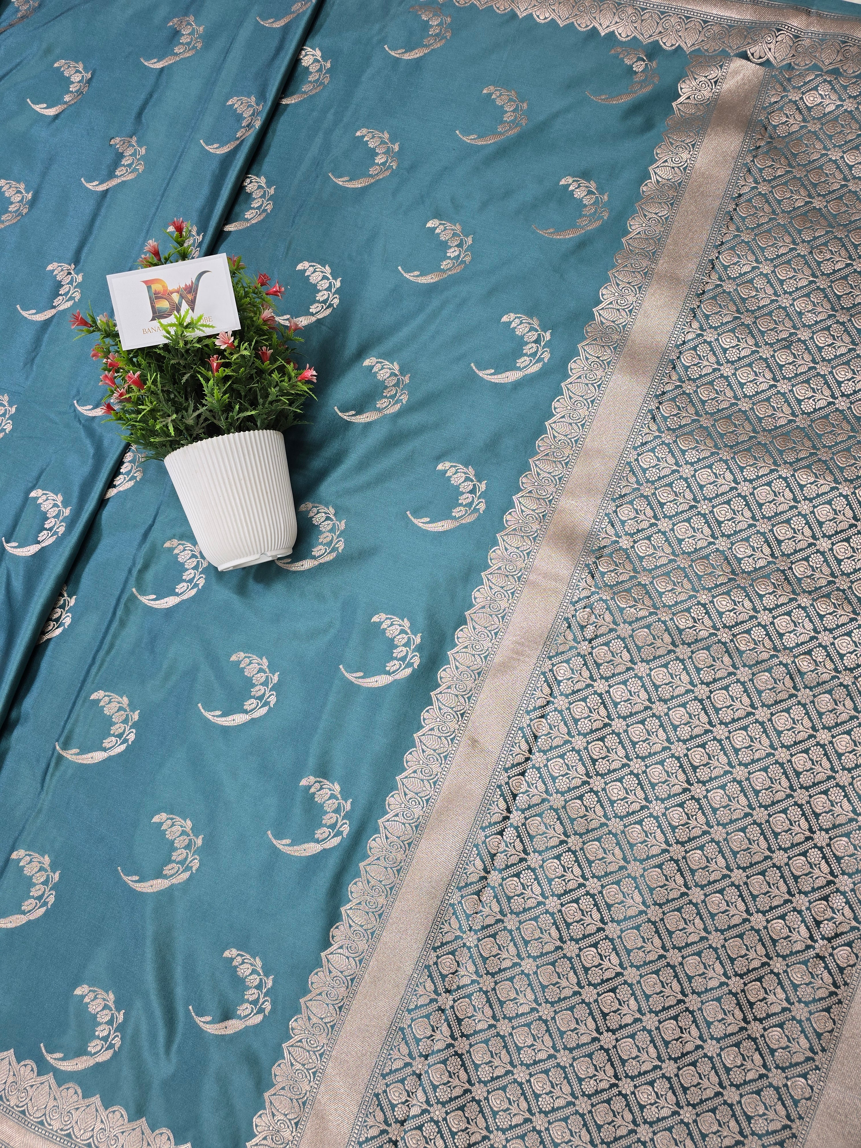 Banarasi Mashru Katan Silk Saree with Crescent Buta and Open Border Design