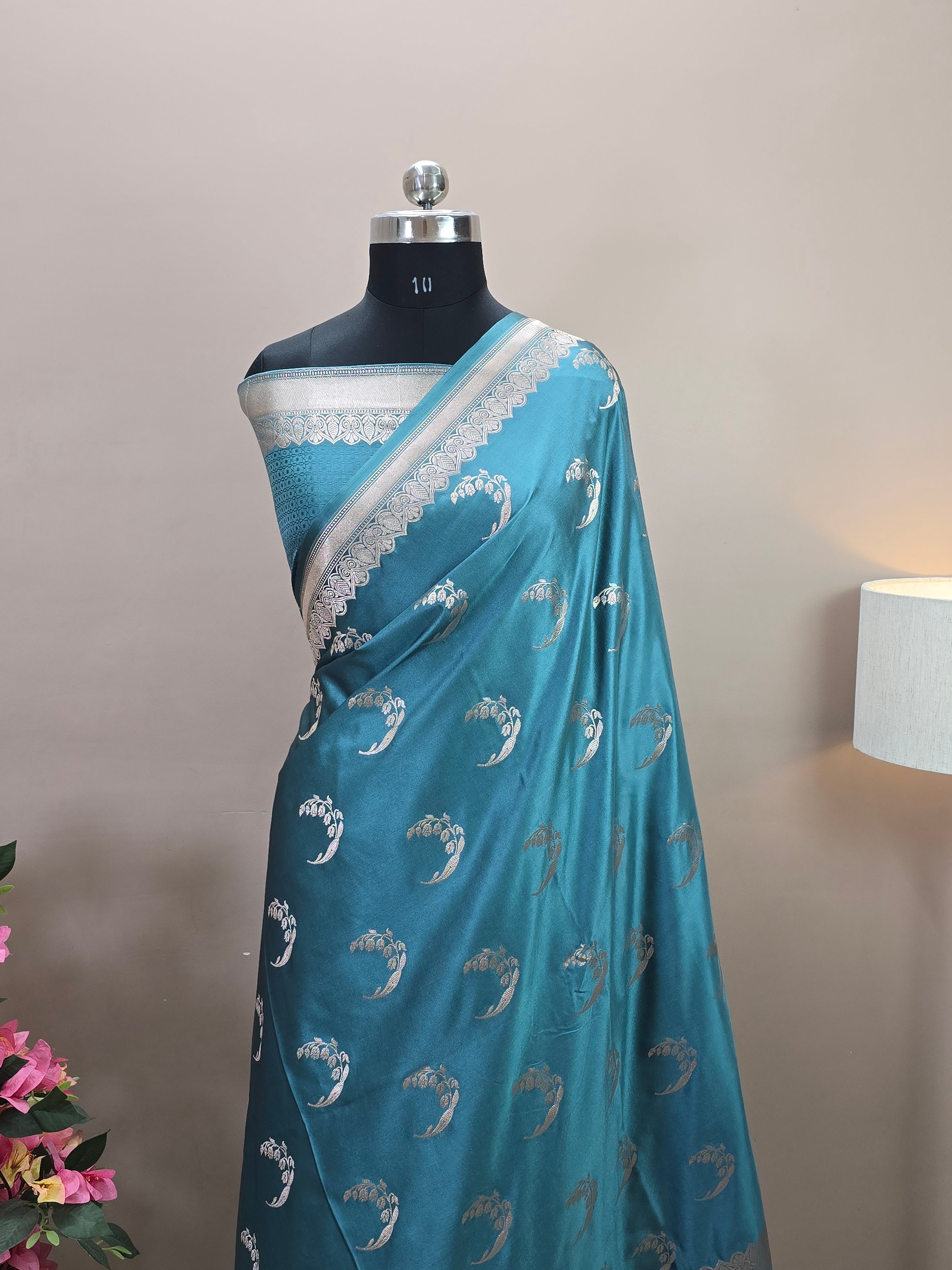 Banarasi Mashru Katan Silk Saree with Crescent Buta and Open Border Design