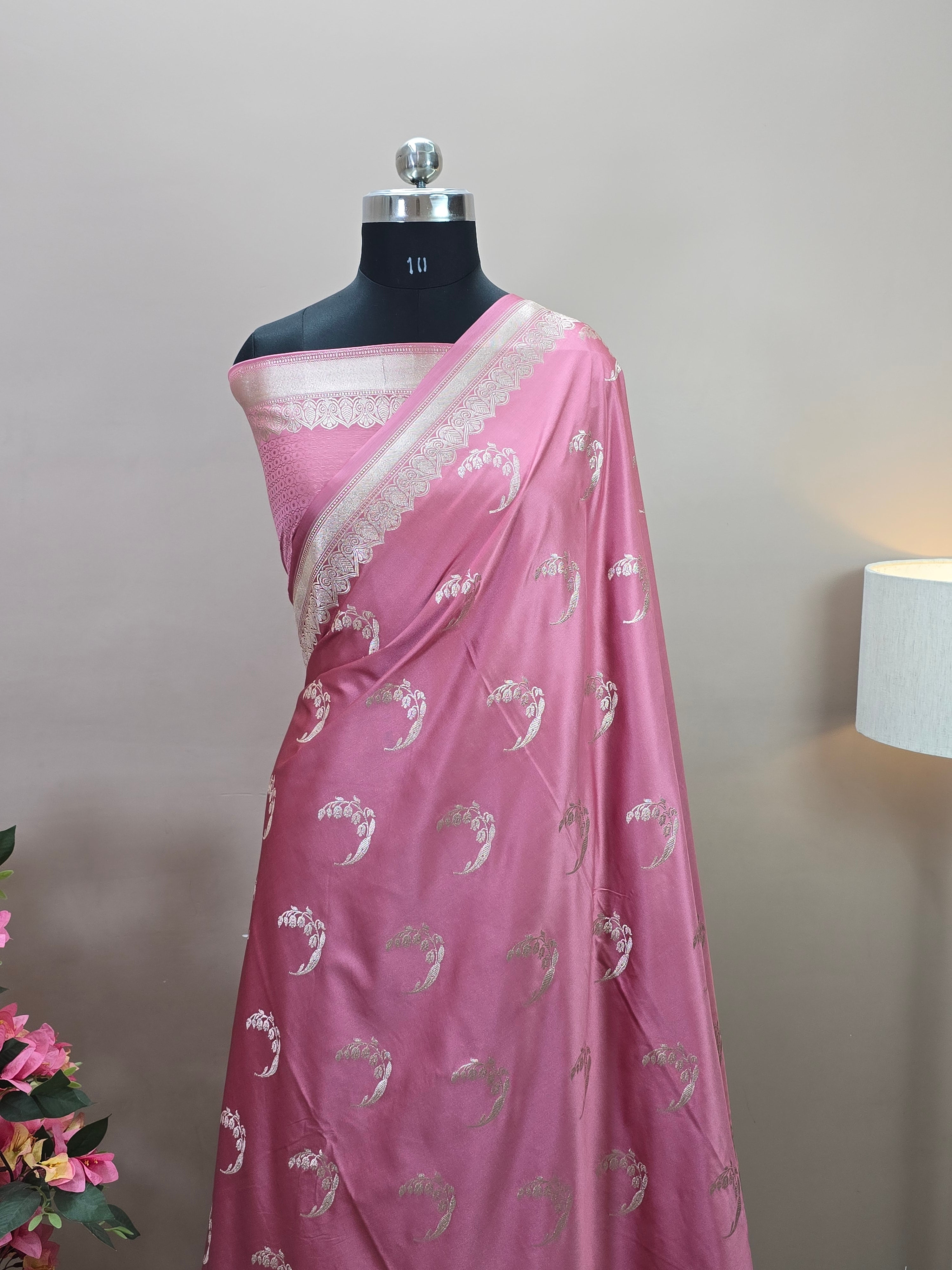 Banarasi Mashru Katan Silk Saree with Crescent Buta and Open Border Design