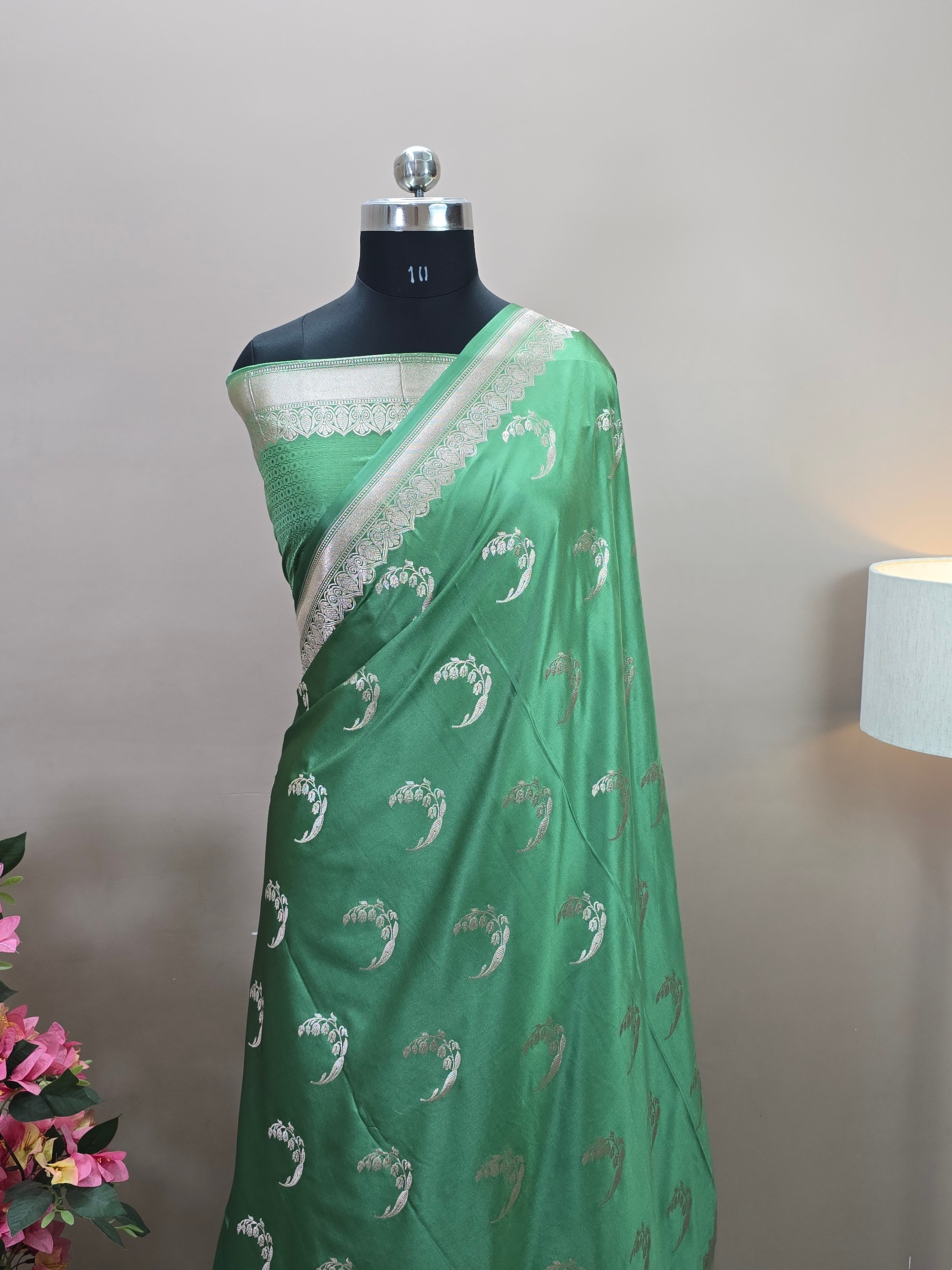 Banarasi Mashru Katan Silk Saree with Crescent Buta and Open Border Design