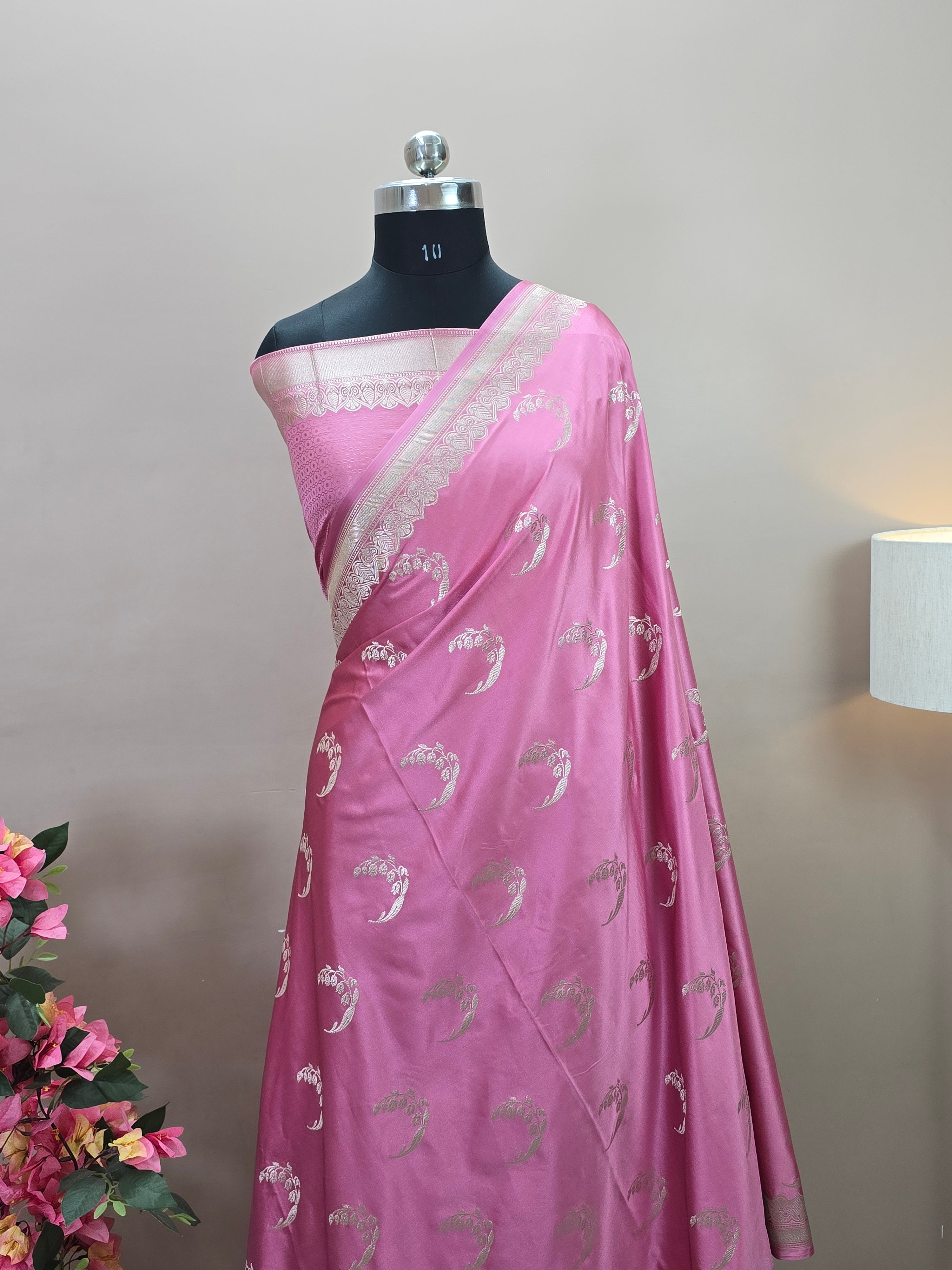 Banarasi Mashru Katan Silk Saree with Crescent Buta and Open Border Design