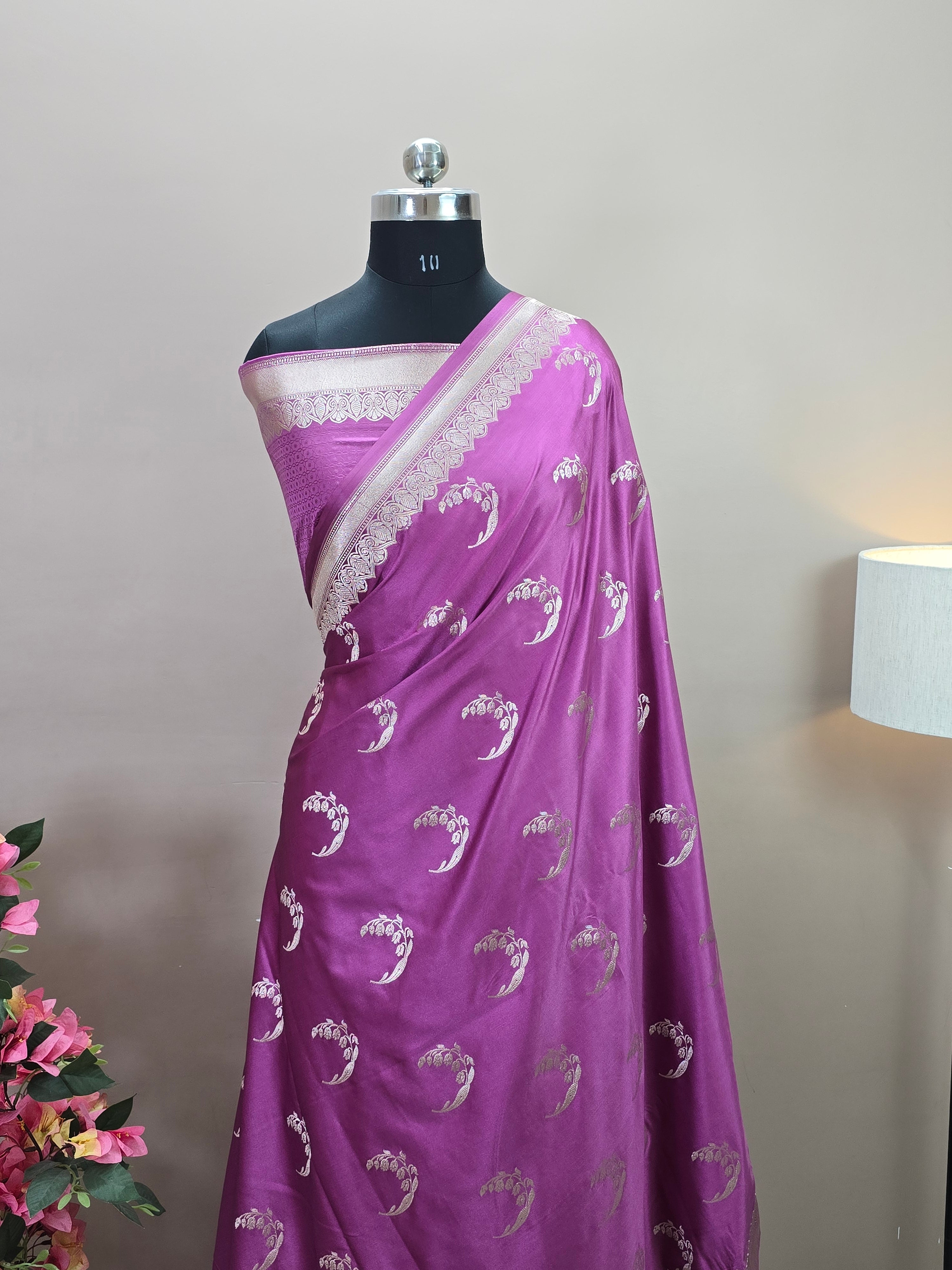 Banarasi Mashru Katan Silk Saree with Crescent Buta and Open Border Design