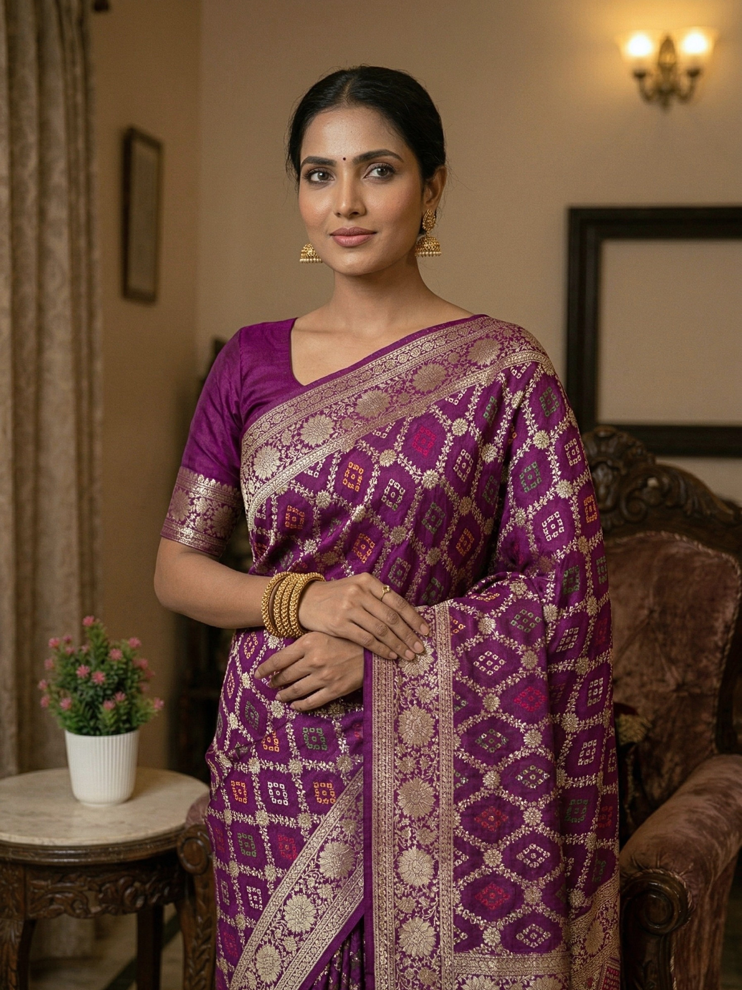 Crush Crepe Alfi Bandhej Saree – Magenta Purple with Multicolour Meenakari Boota
