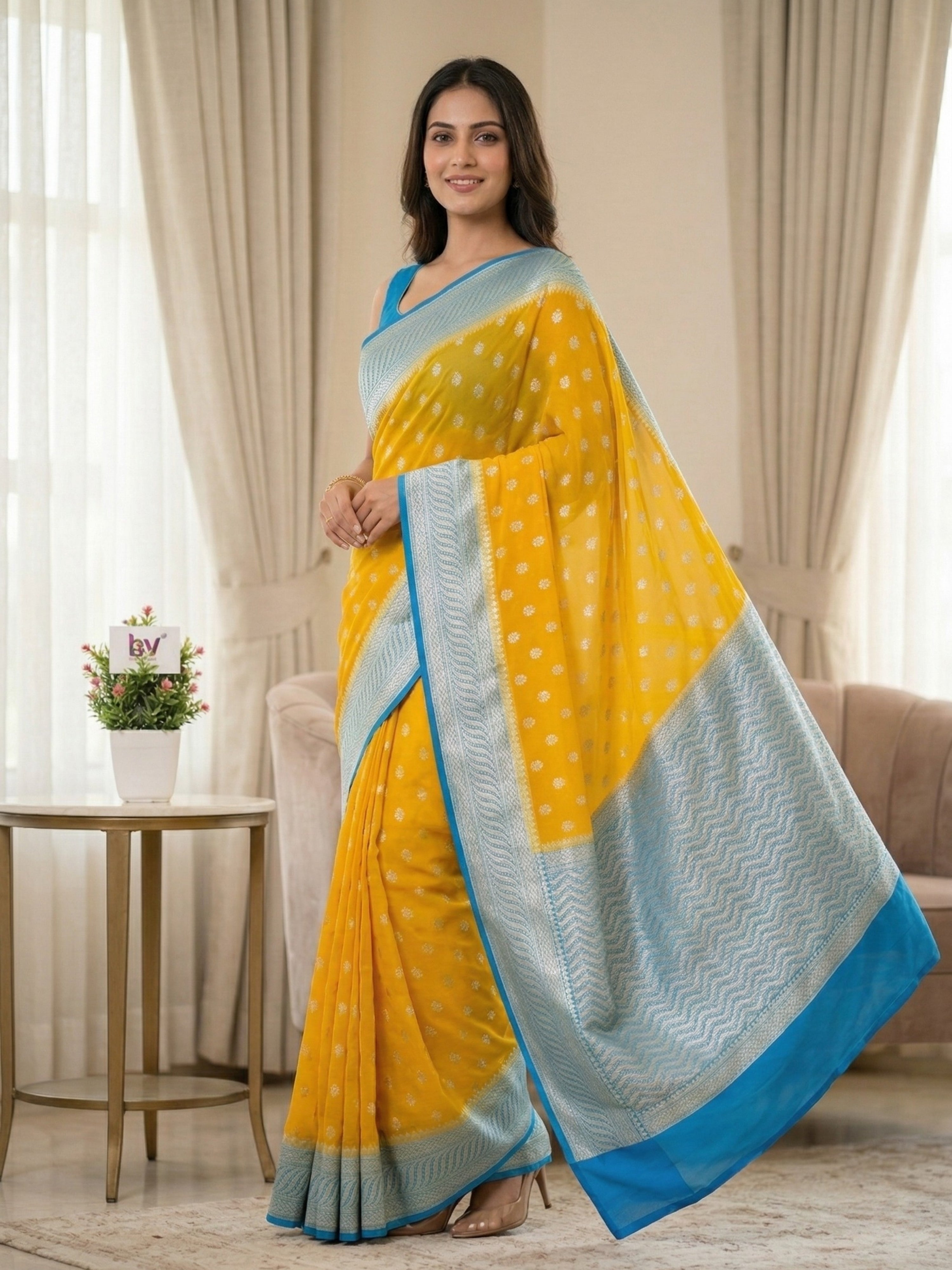Banarasi Georgette Silver Zari Saree with Contrast Border
