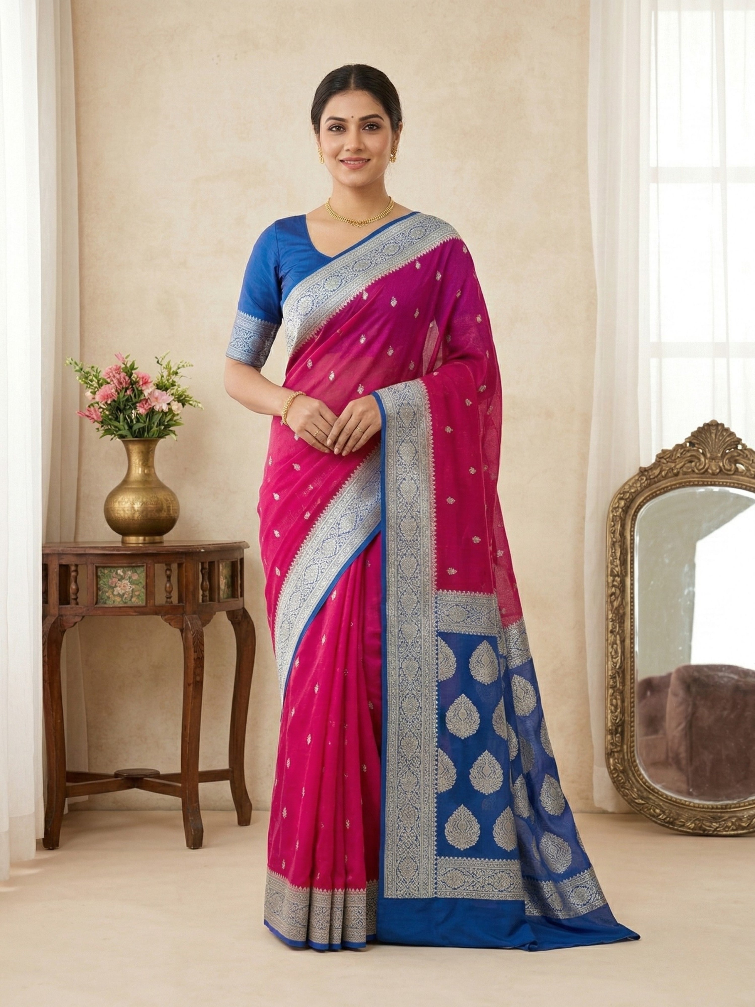 Banarasi Georgette Silver Zari Saree with Contrast Border