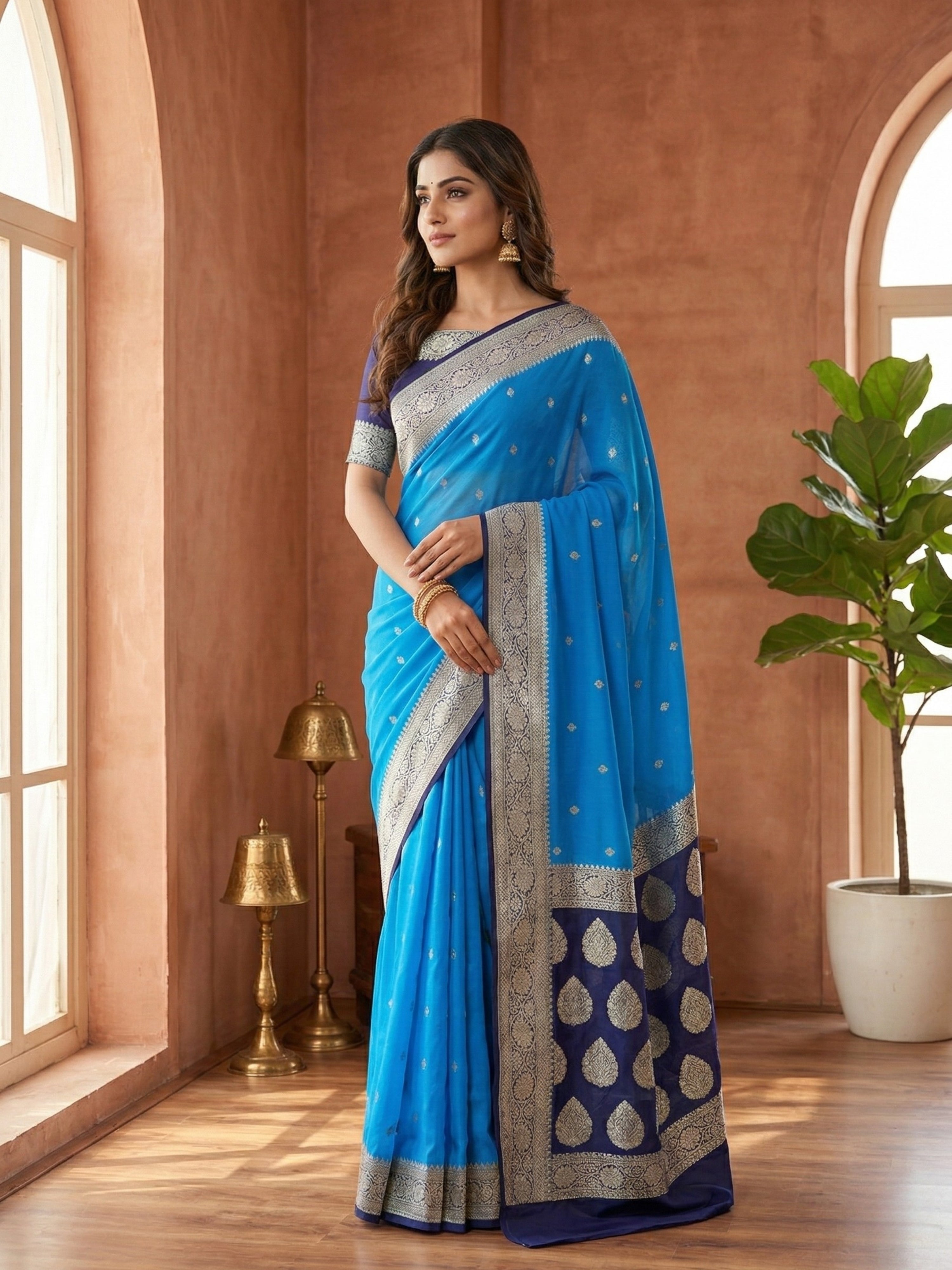 Banarasi Georgette Silver Zari Saree with Contrast Border