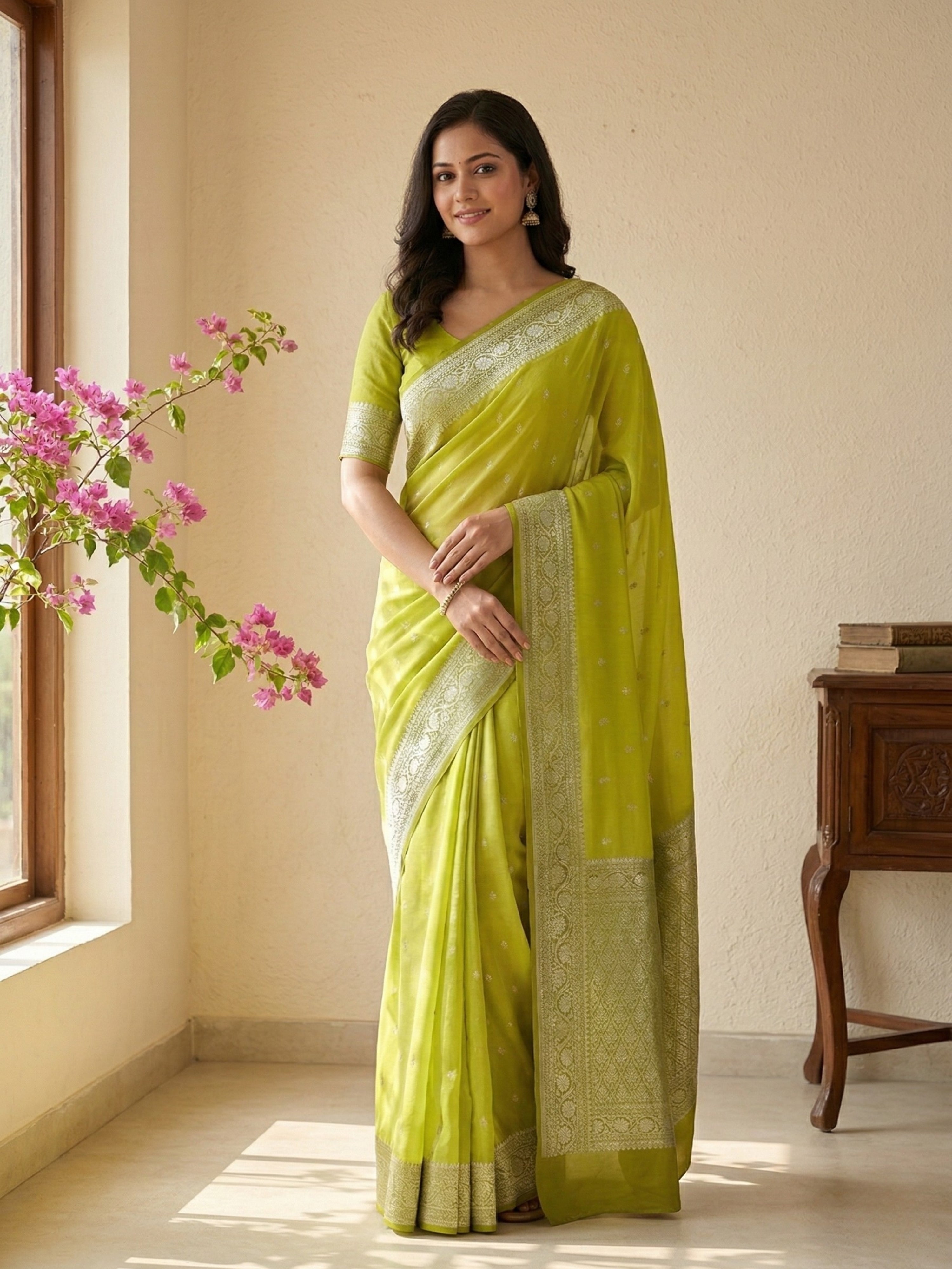 Banarasi Georgette Silver Zari Saree with Contrast Border