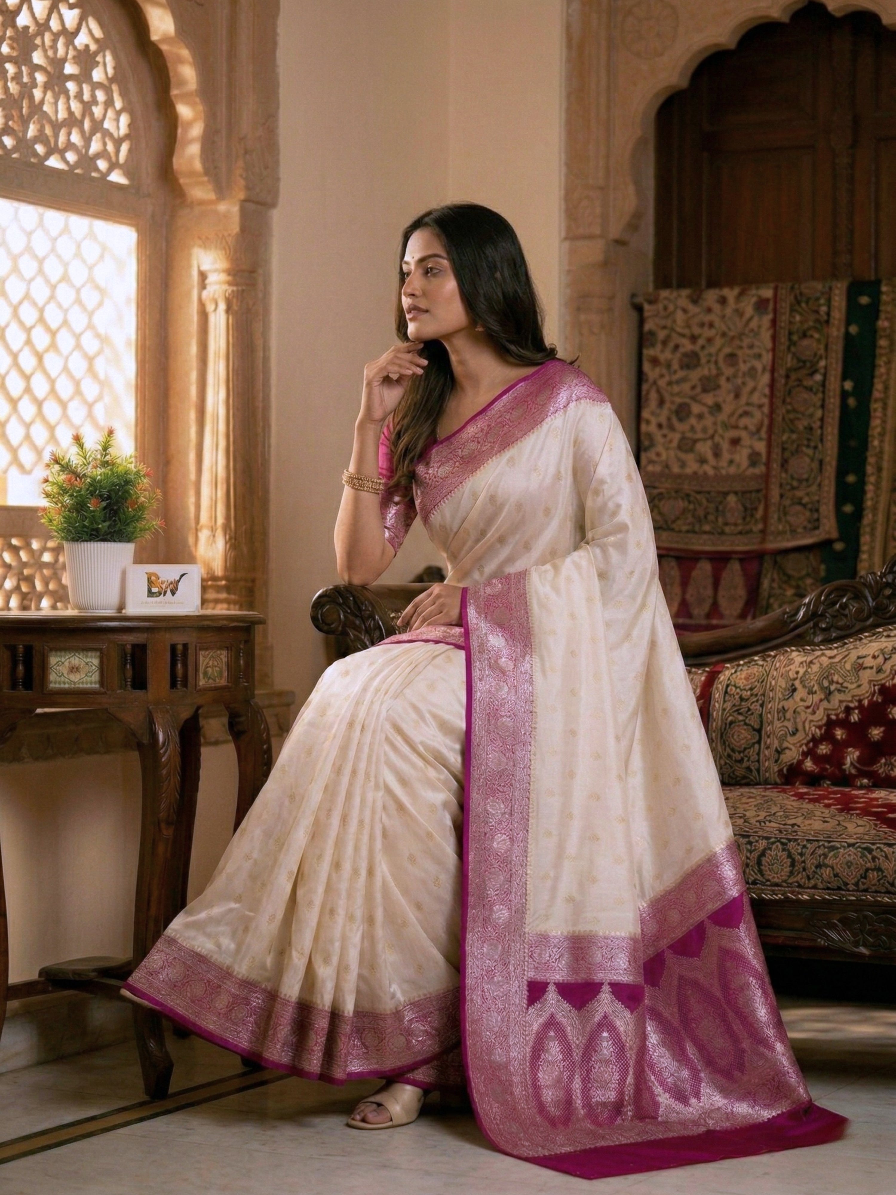 Mashru Katan Silk Banarasi Saree with Contrast Pink Border