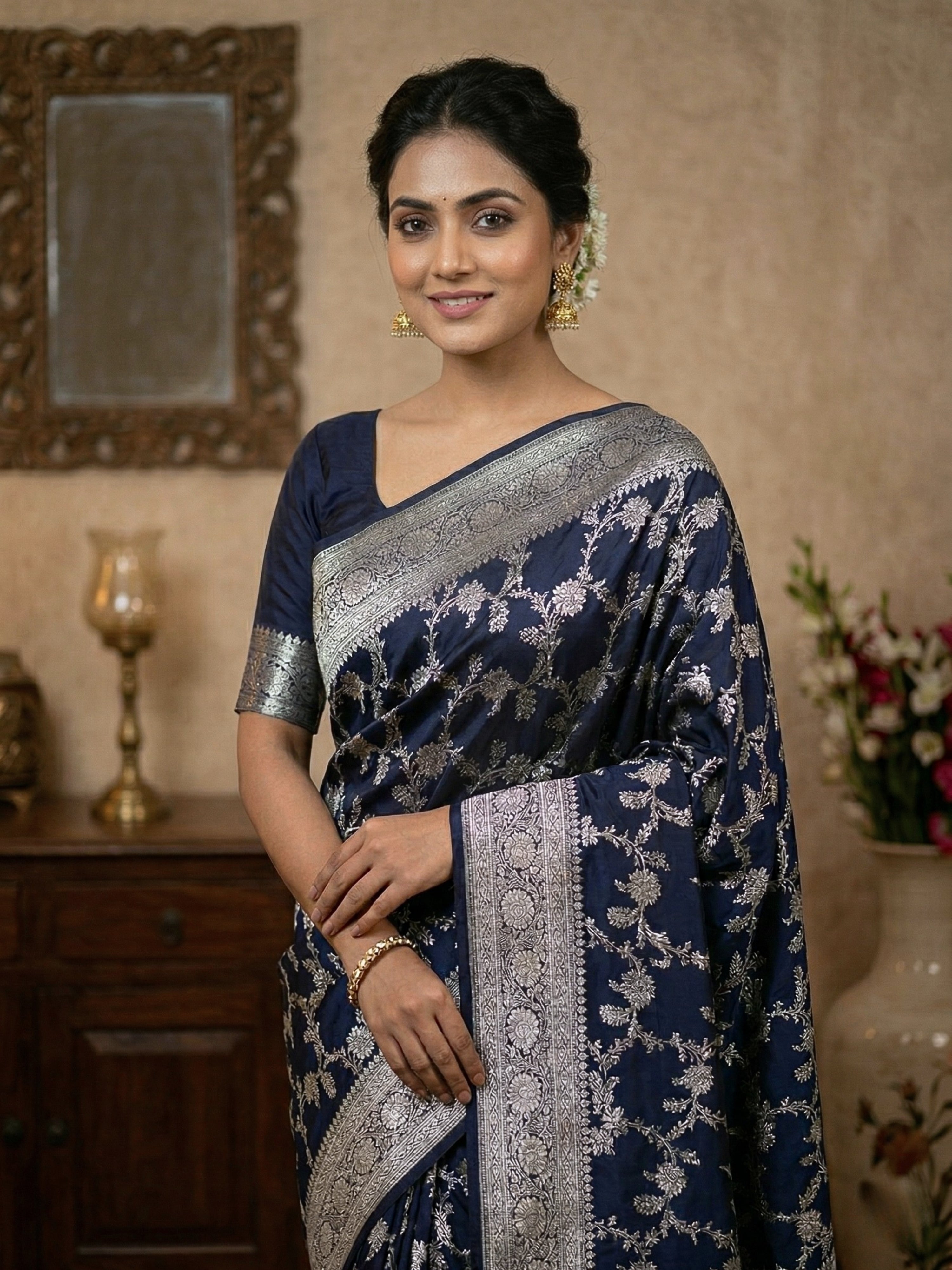 Mashru Katan Silk Banarasi Saree - Navy Blue Body with Silver Zari All Over Jaal