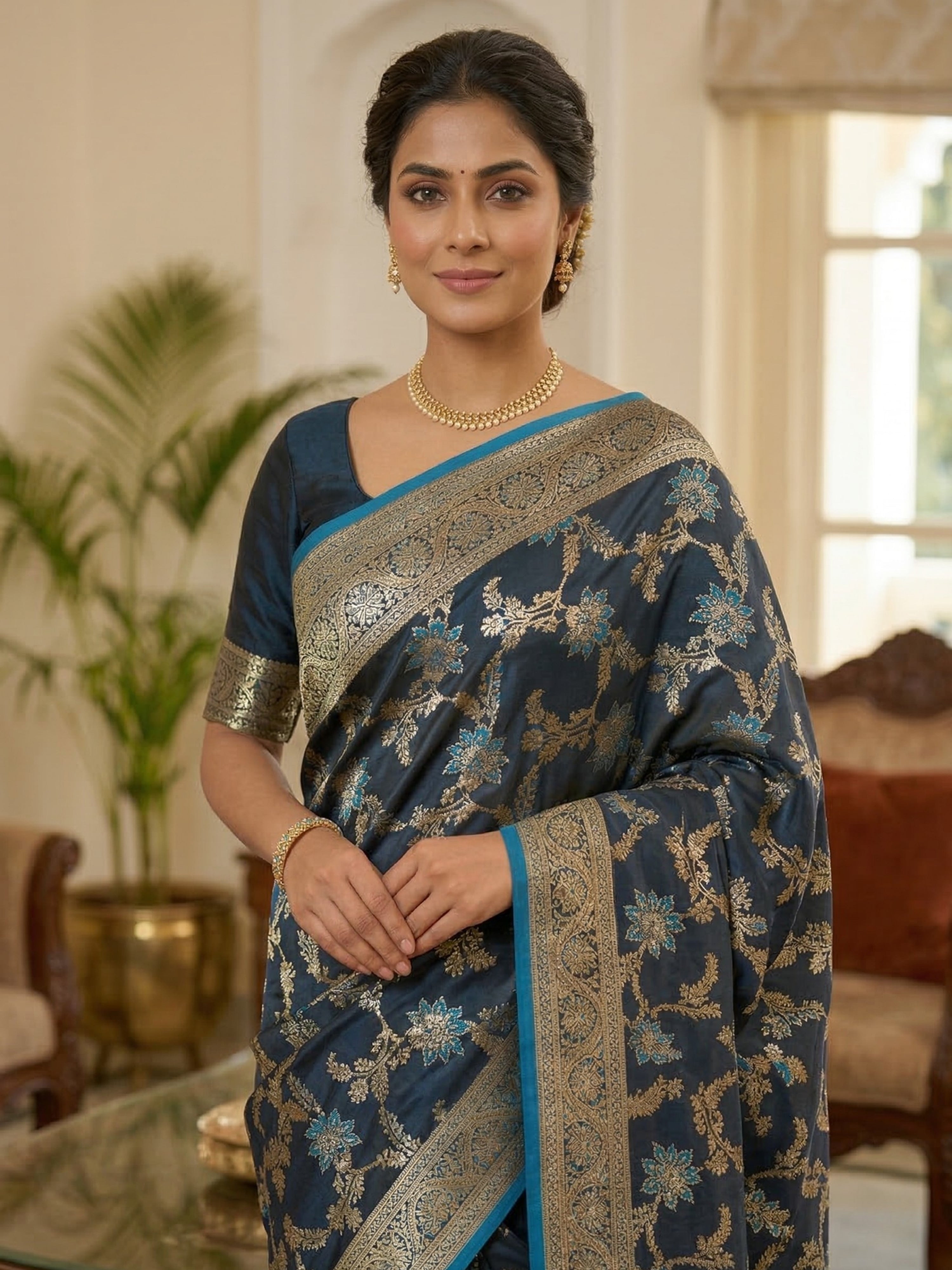 Satin Malai Katan Banarasi Saree – Meenakari Booti Jaal