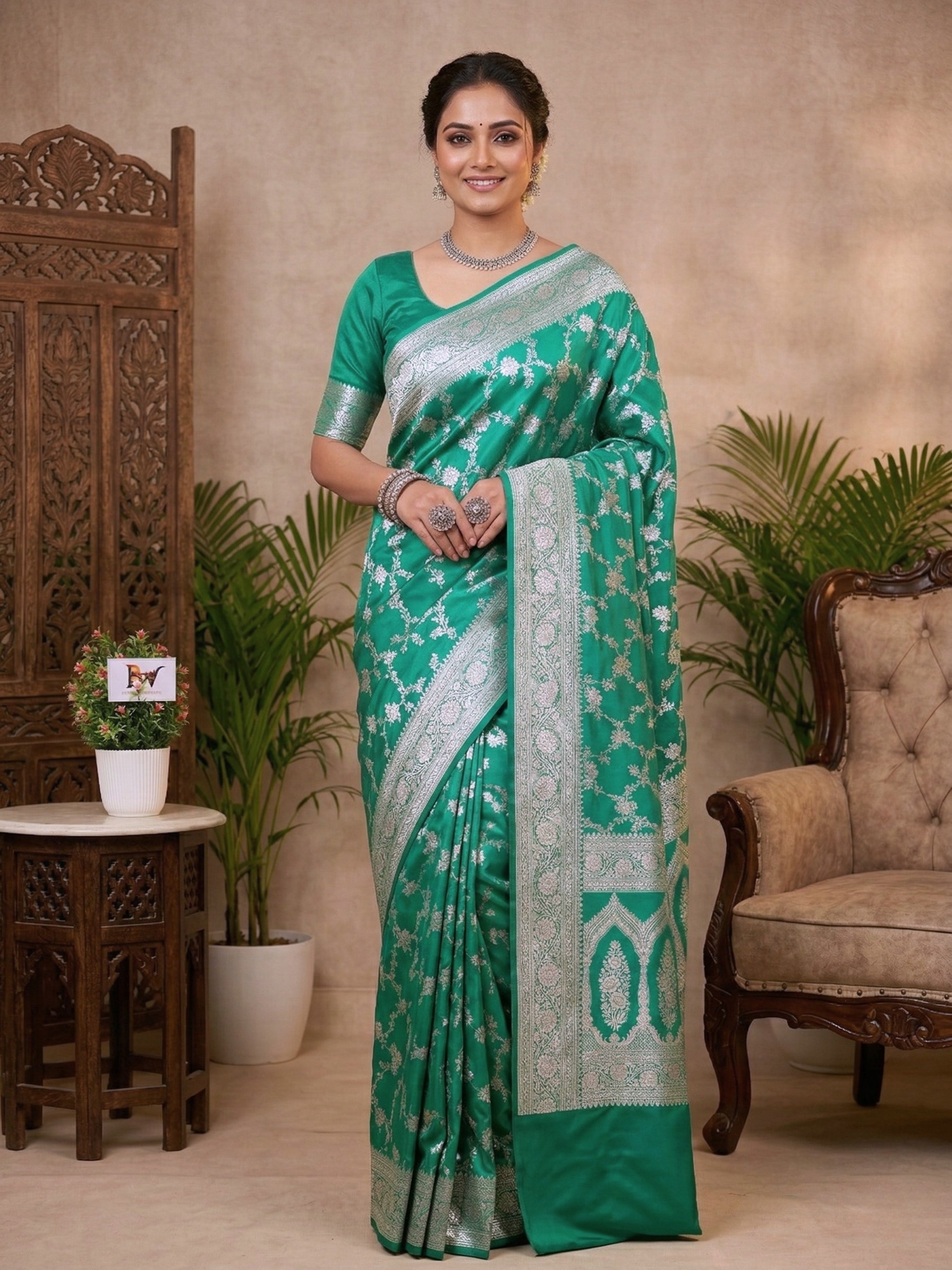 Mashru Katan Silk Banarasi Saree - Sea Green Body with Silver Zari All Over Jaal