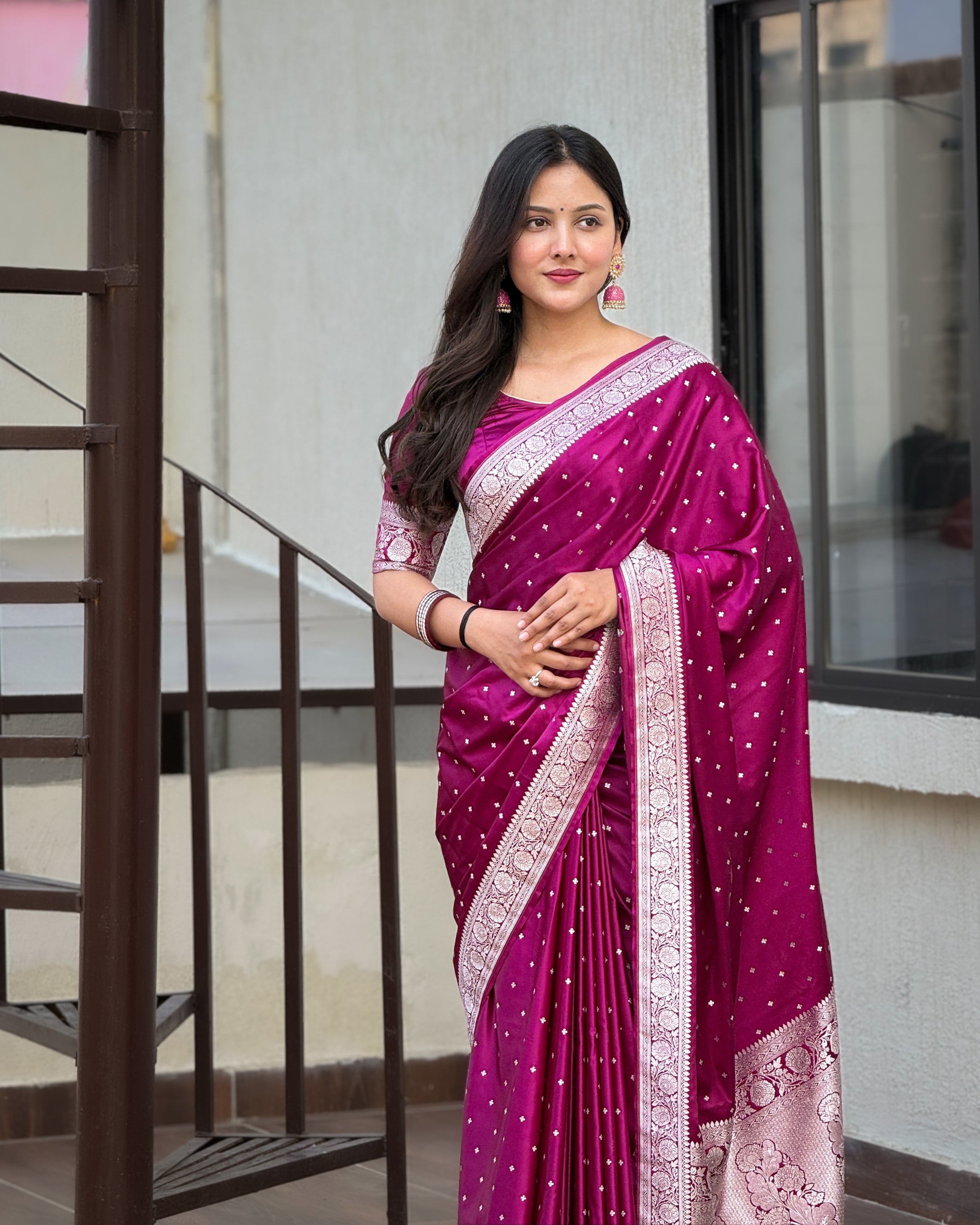 Mashru Katan Silk Banarasi Saree - Majenta Body with Silver Zari All Over Booti