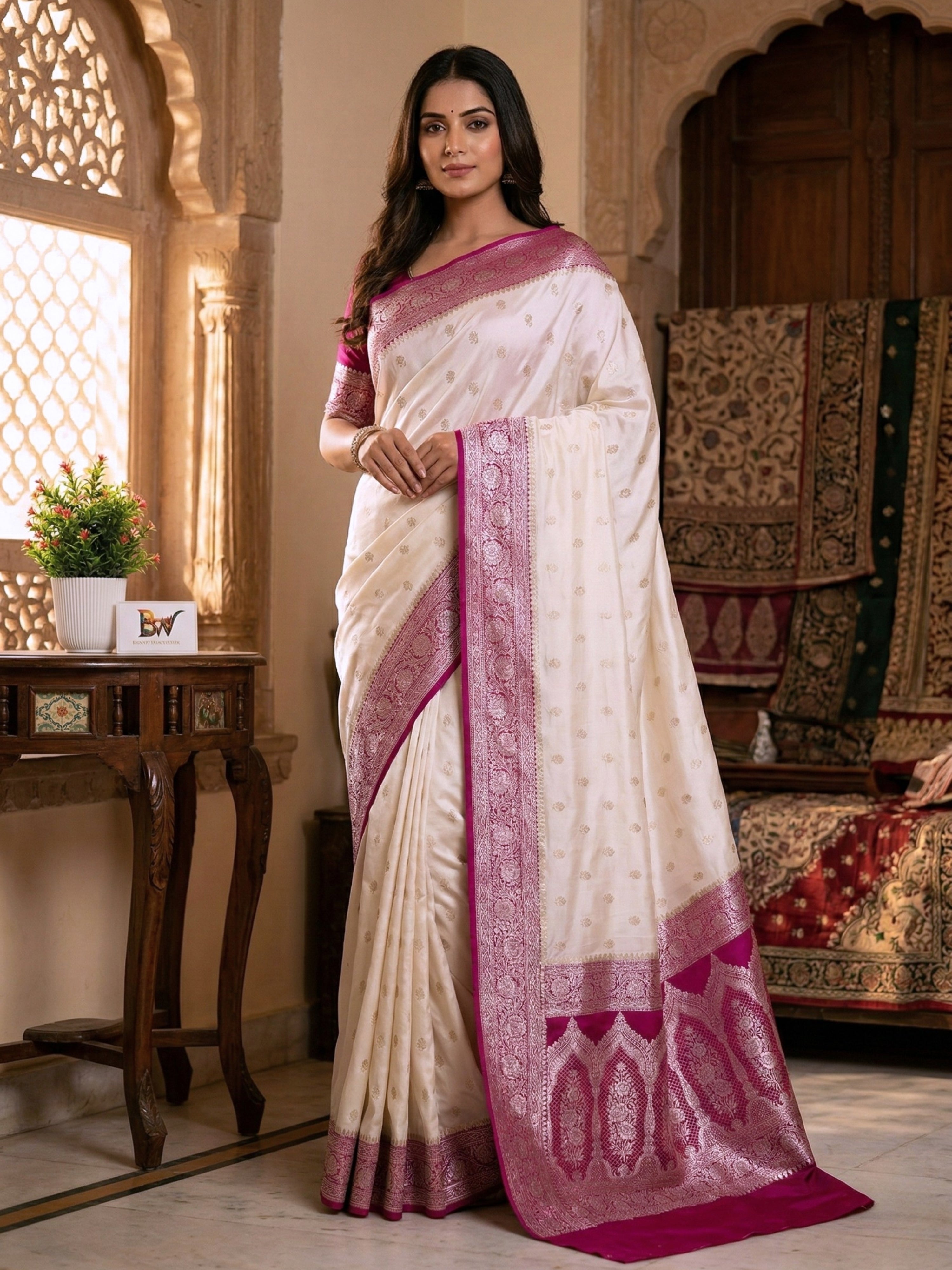 Mashru Katan Silk Banarasi Saree with Contrast Pink Border