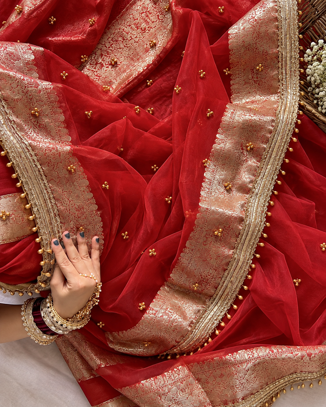 Red Shade Viral Kora Tissue Ghungroo Saree