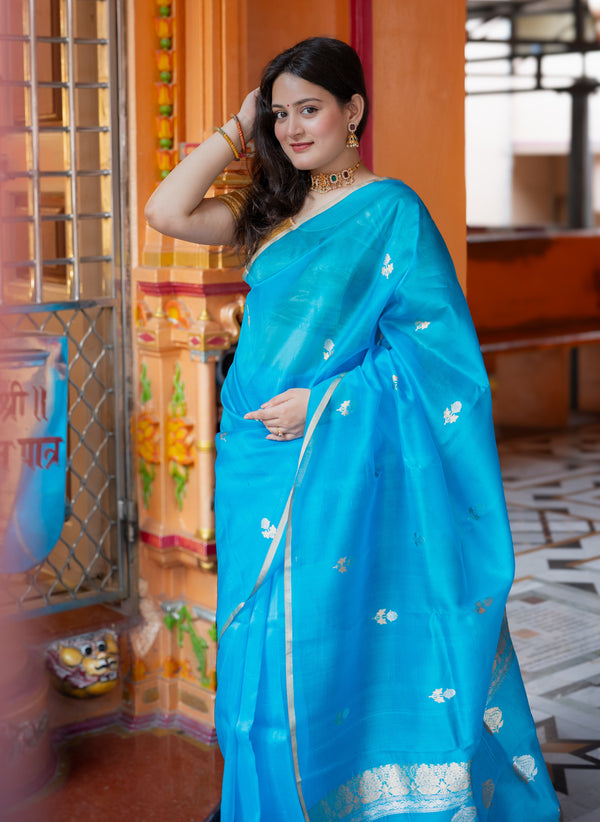 Pure Handloom Kora Silk Kadhua Banarasi Saree with Sona Roopa Bootis