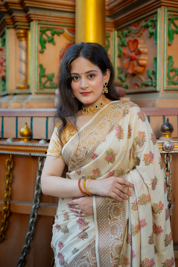 Pure Handloom Munga Silk Banarasi Saree with Meenakari Flowers