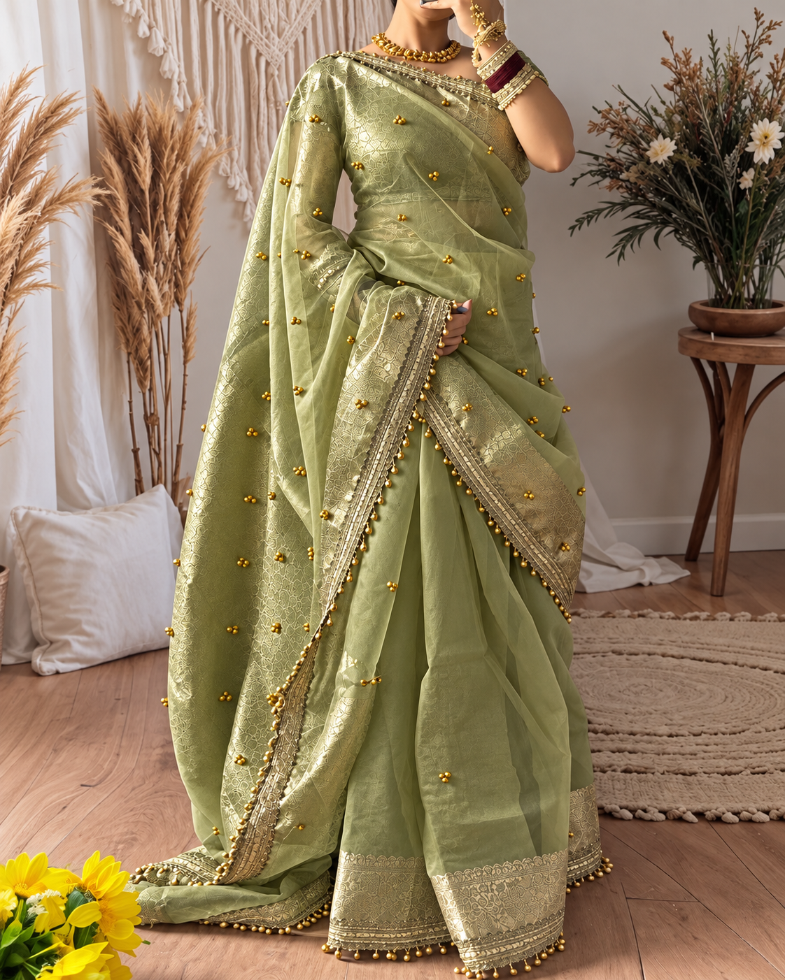 Olive Green Shade Viral Kora Tissue Ghungroo Saree