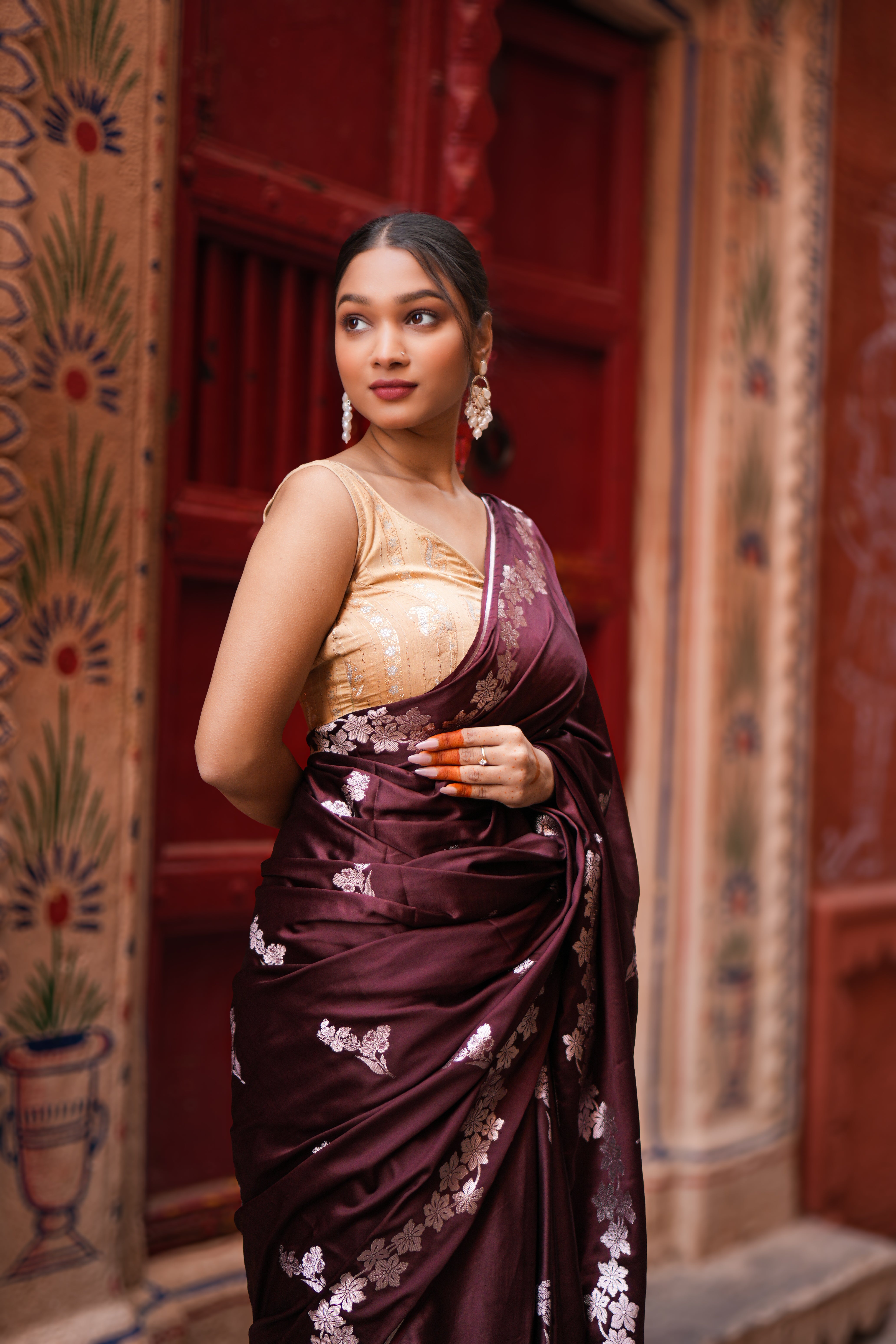 Mashru Katan Silk Banarasi Saree Open Border - Brown Body with Flower Bootas