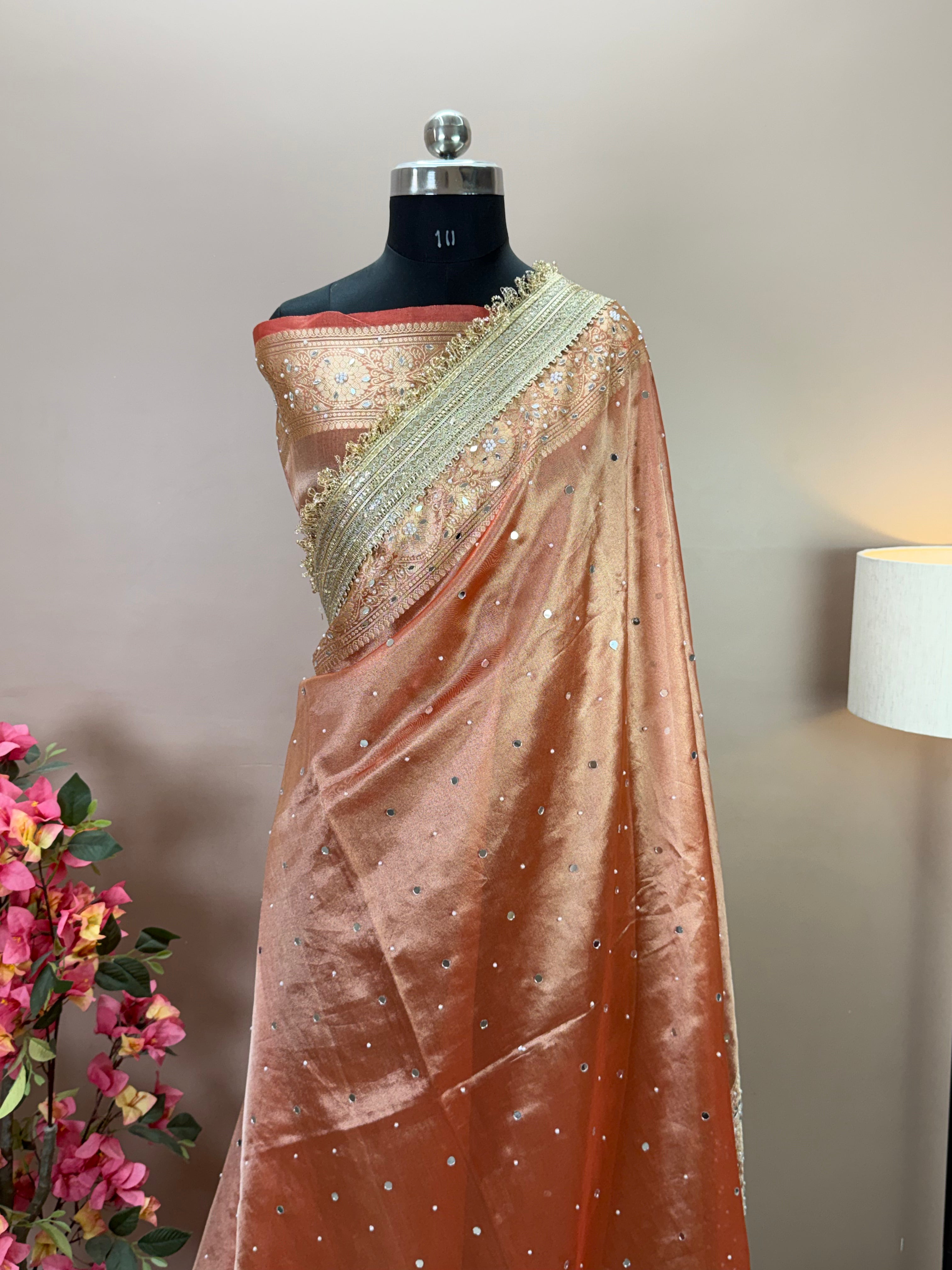 Banarasi Tissue Silk Saree with Mirror Work and Designer Lace Border