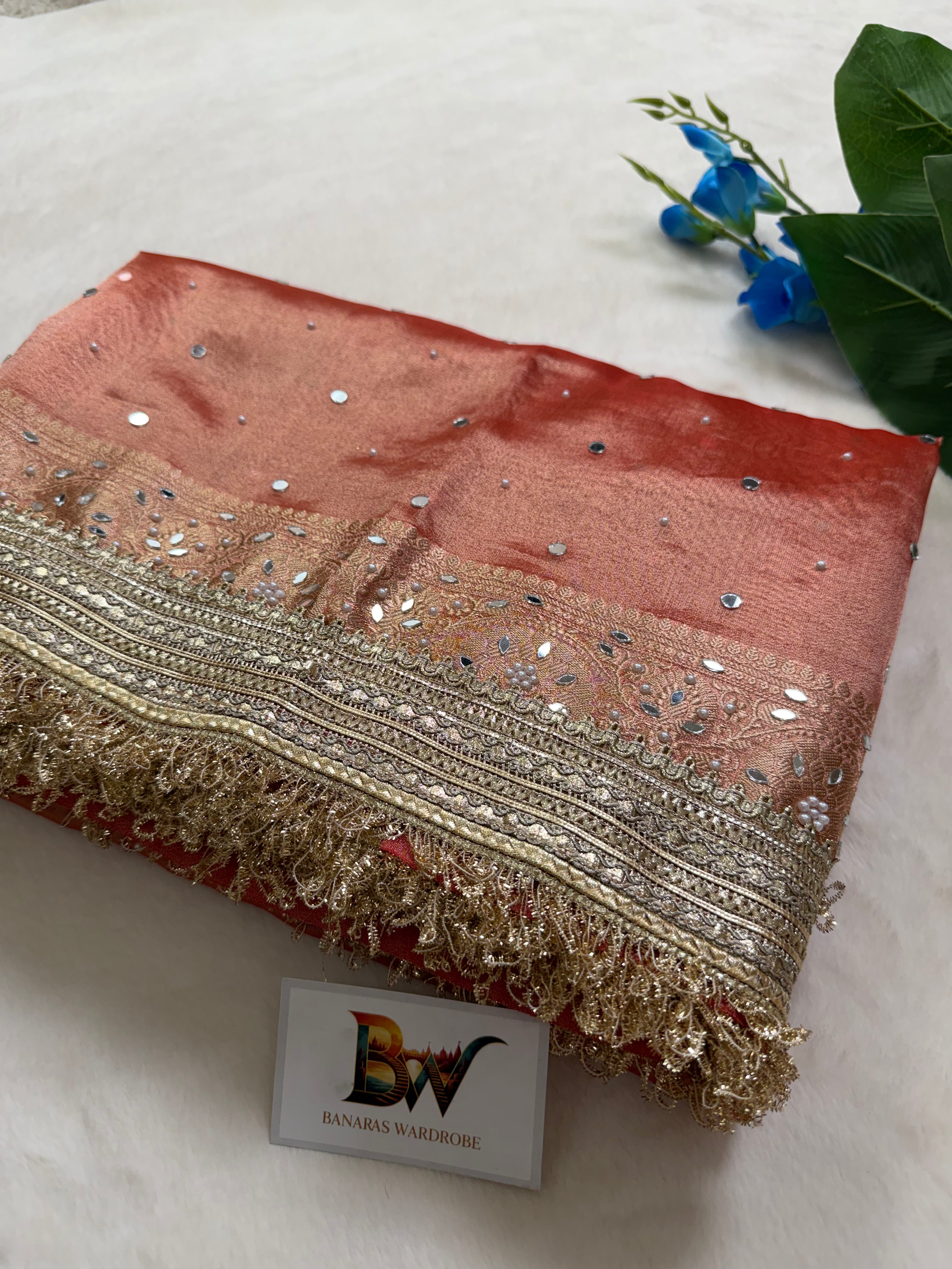 Banarasi Tissue Silk Saree with Mirror Work and Designer Lace Border