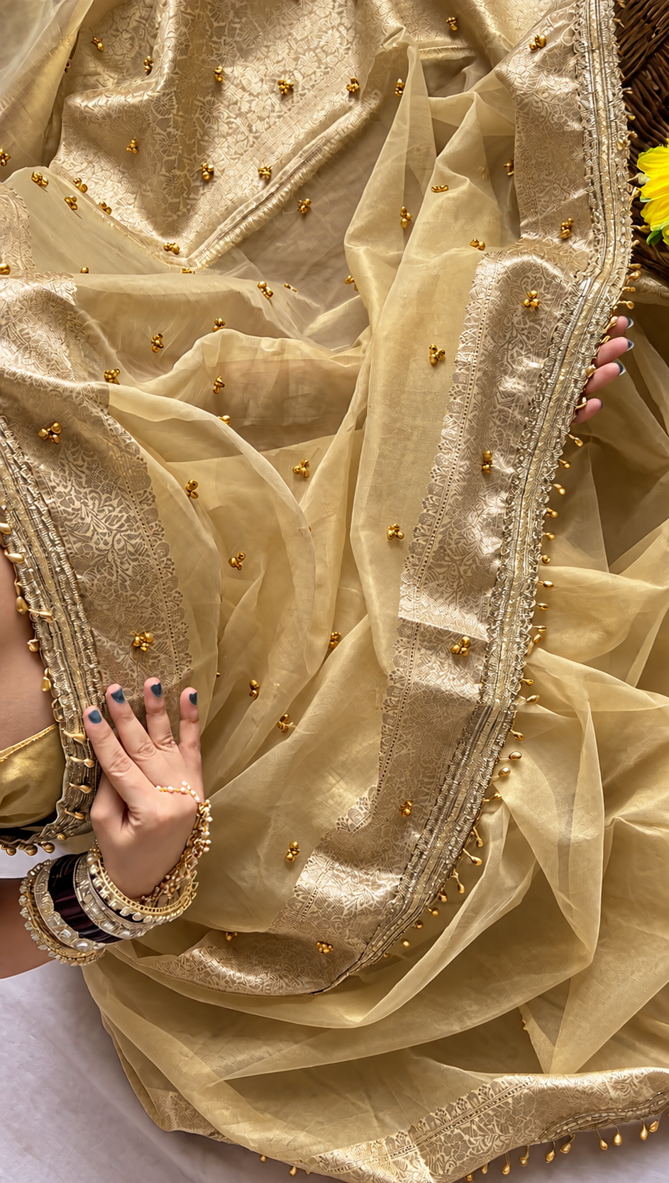 Champagne Gold Shade Viral Kora Tissue Ghungroo Saree