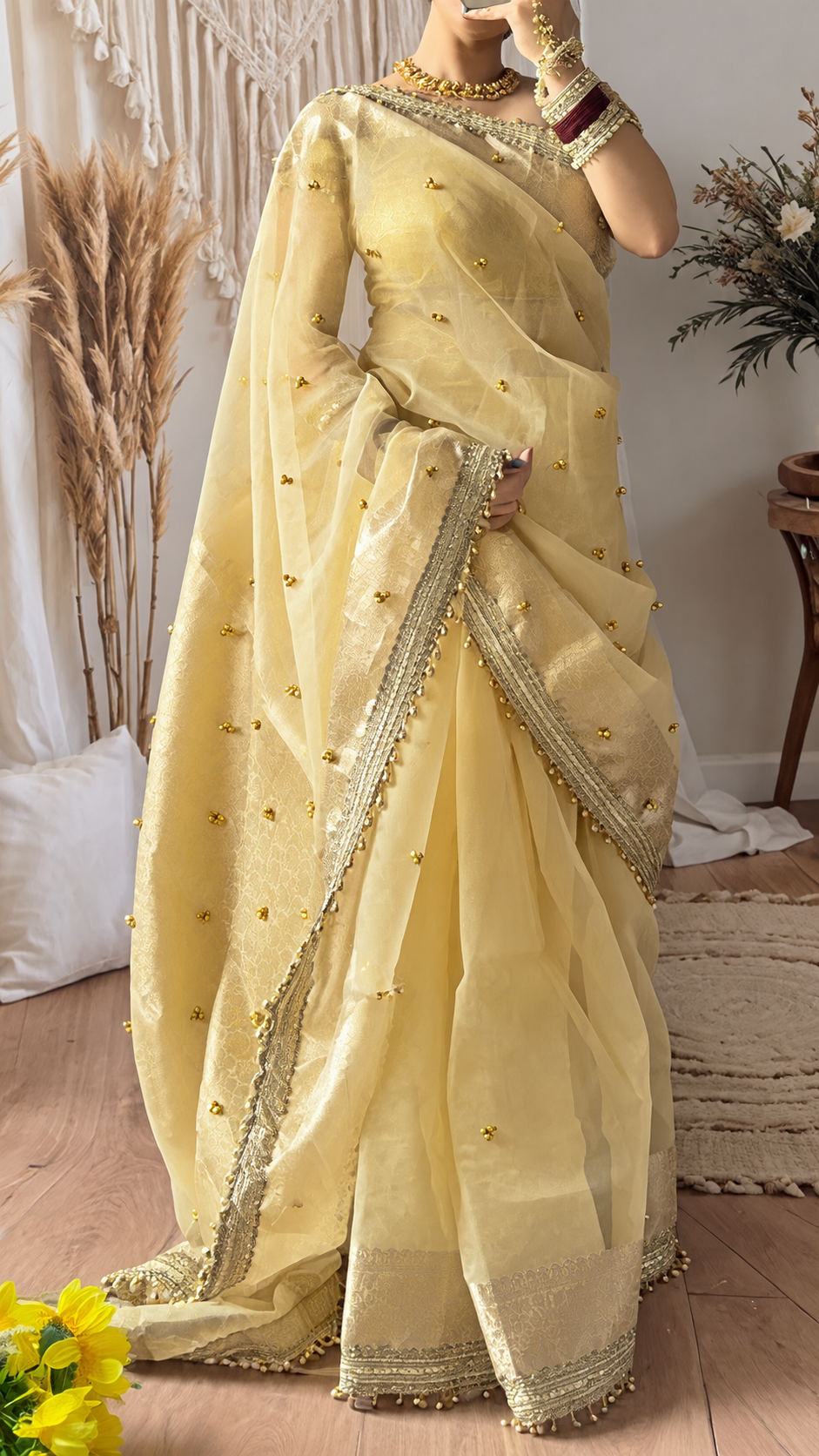 Champagne Gold Shade Viral Kora Tissue Ghungroo Saree