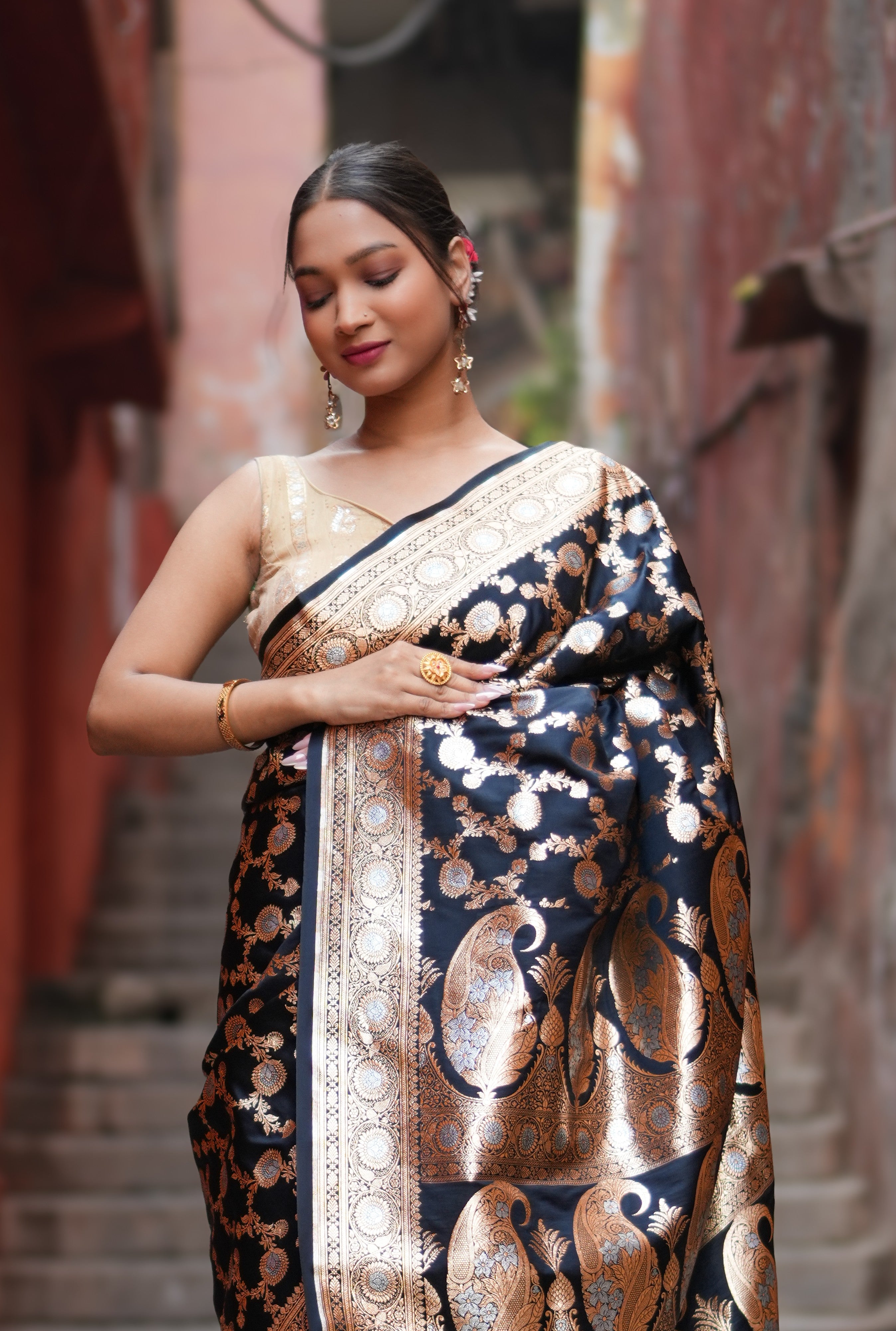 Satin Malai Katan Silk Banarasi Saree – Sona Roopa Zari Meenakari Jaal