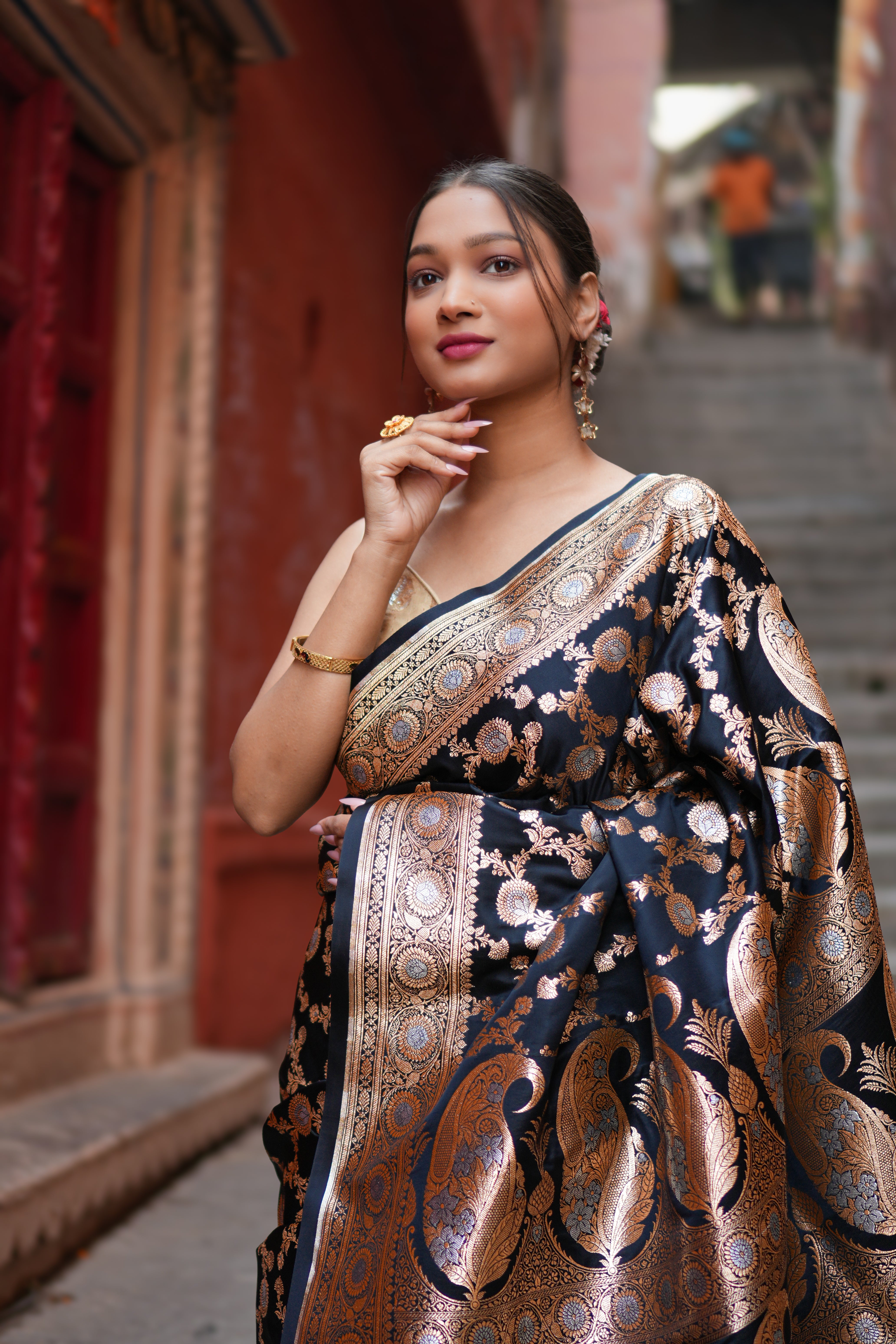 Satin Malai Katan Silk Banarasi Saree – Sona Roopa Zari Meenakari Jaal