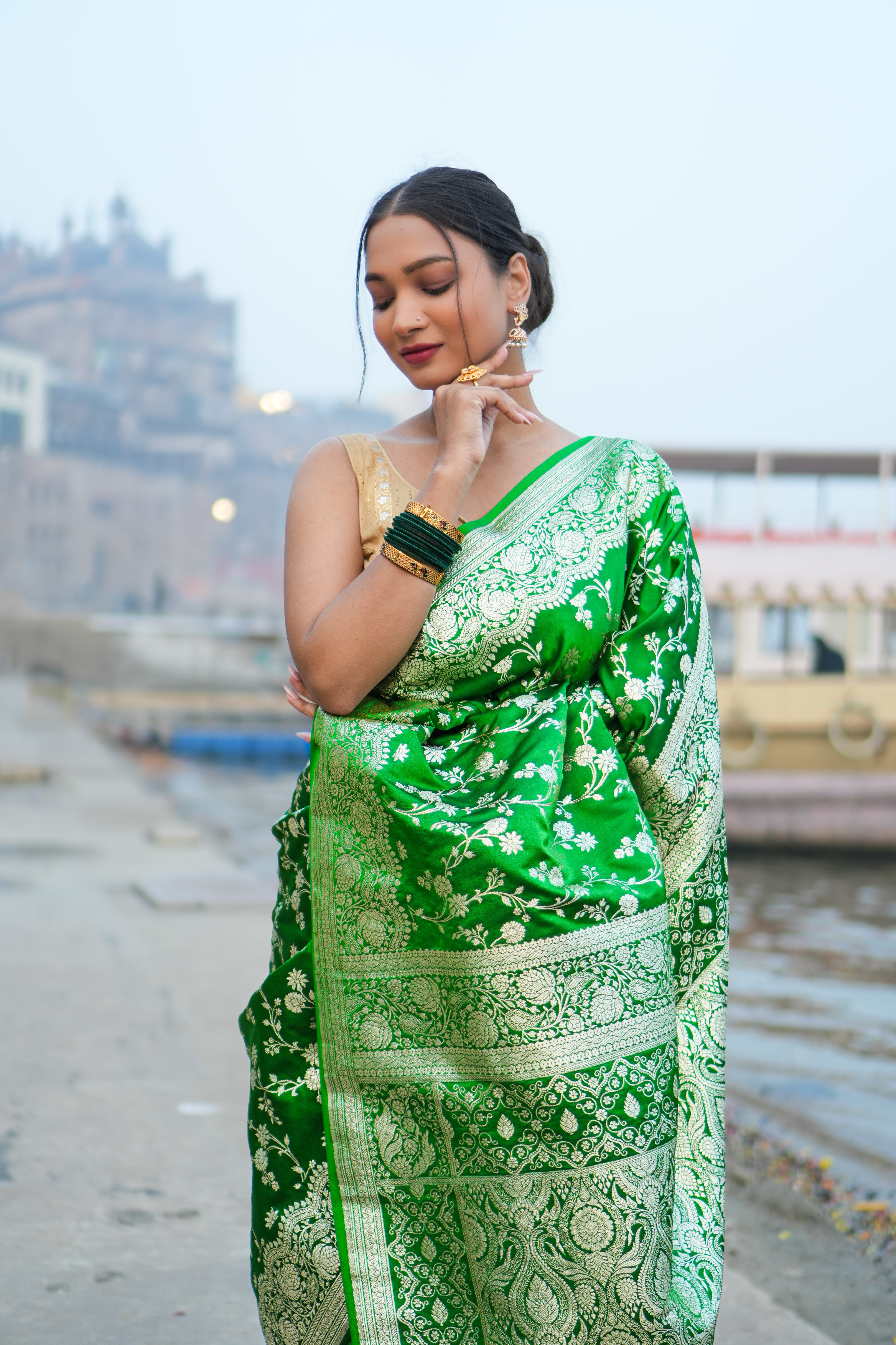 Malai Katan Satin Silk Banarasi Saree - Pista Green Body with All Over Jaal