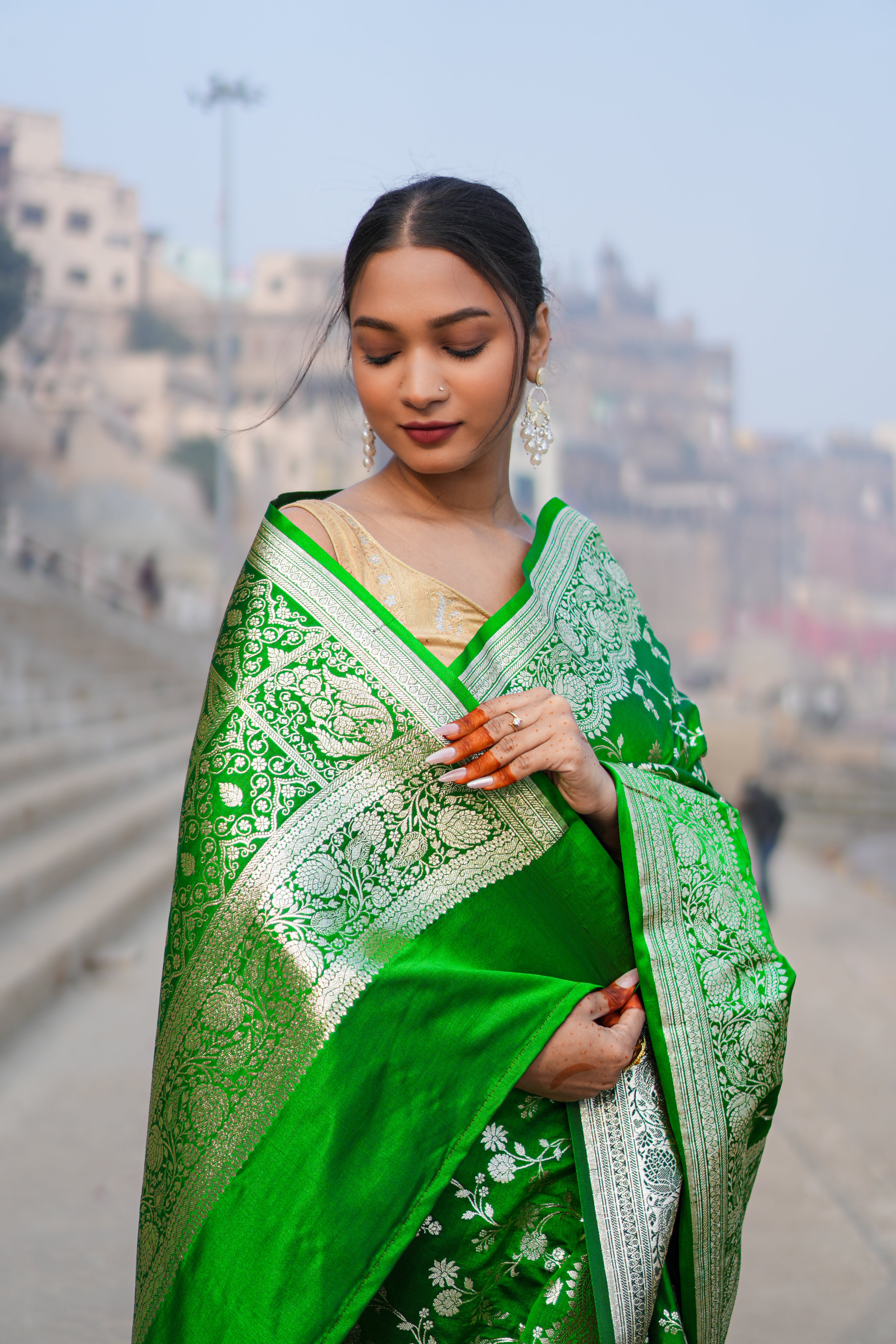 Malai Katan Satin Silk Banarasi Saree - Pista Green Body with All Over Jaal