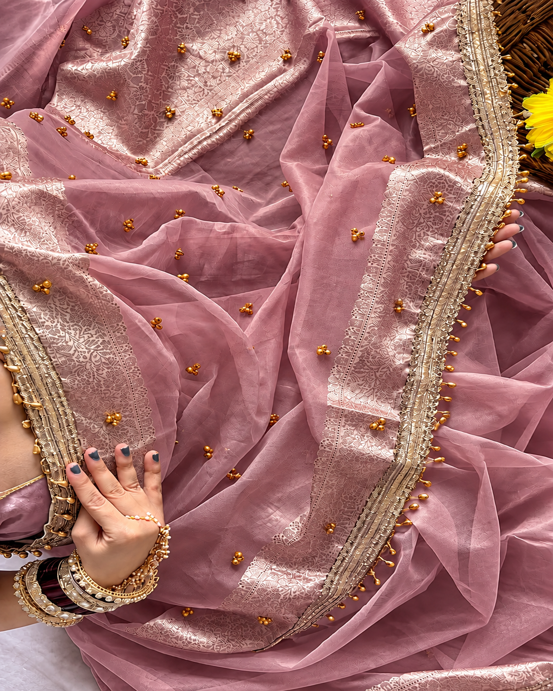 Mauve Pink Shade Viral Kora Tissue Ghungroo Saree