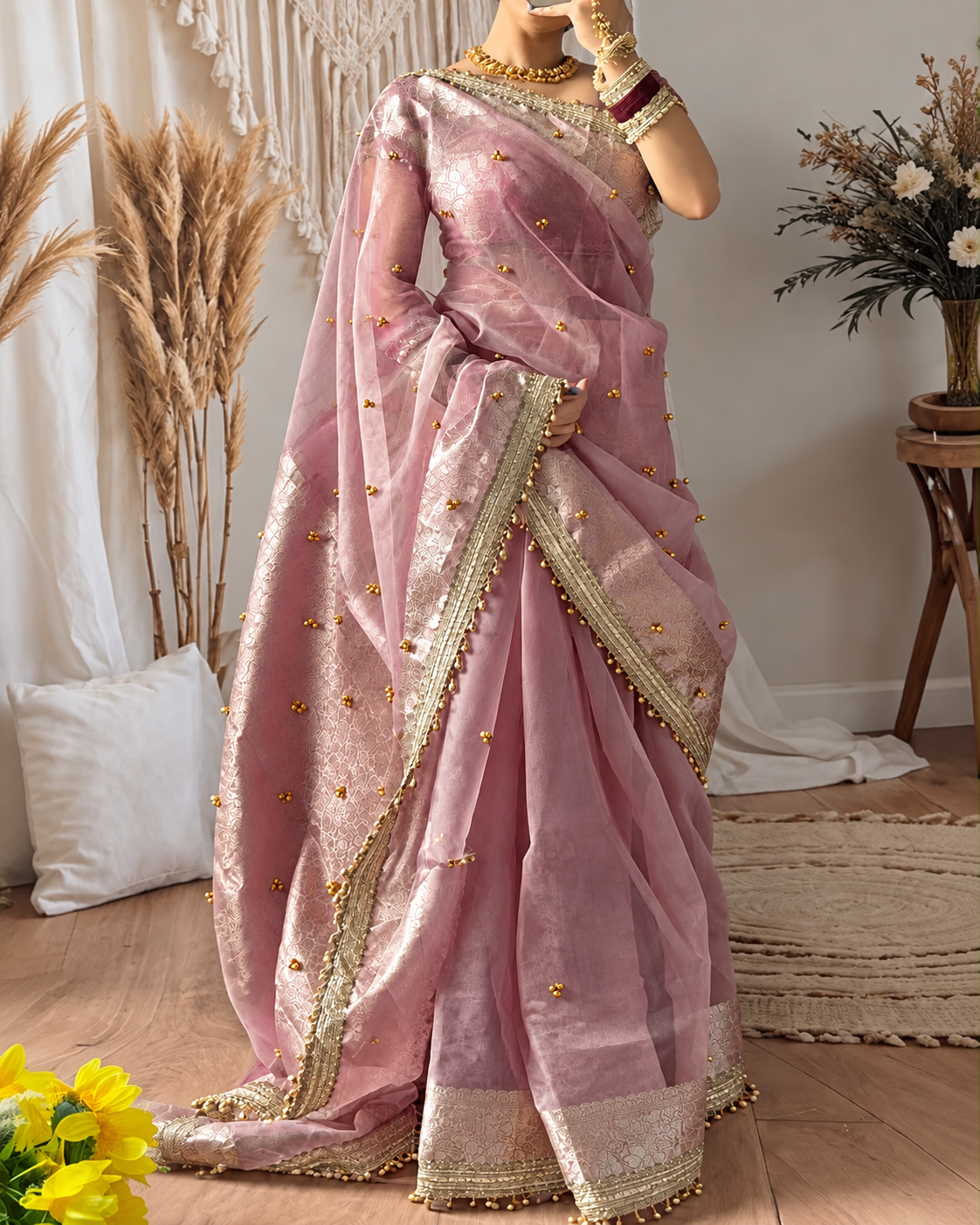 Mauve Pink Shade Viral Kora Tissue Ghungroo Saree