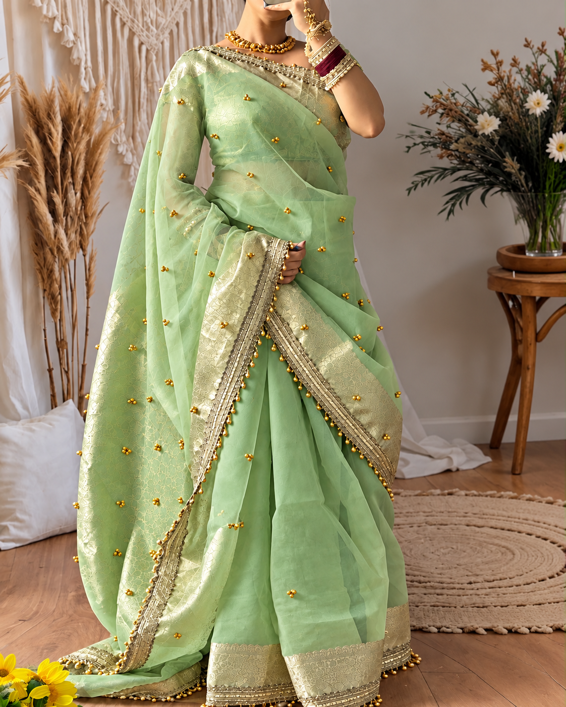 Mint Green Shade Viral Kora Tissue Ghungroo Saree