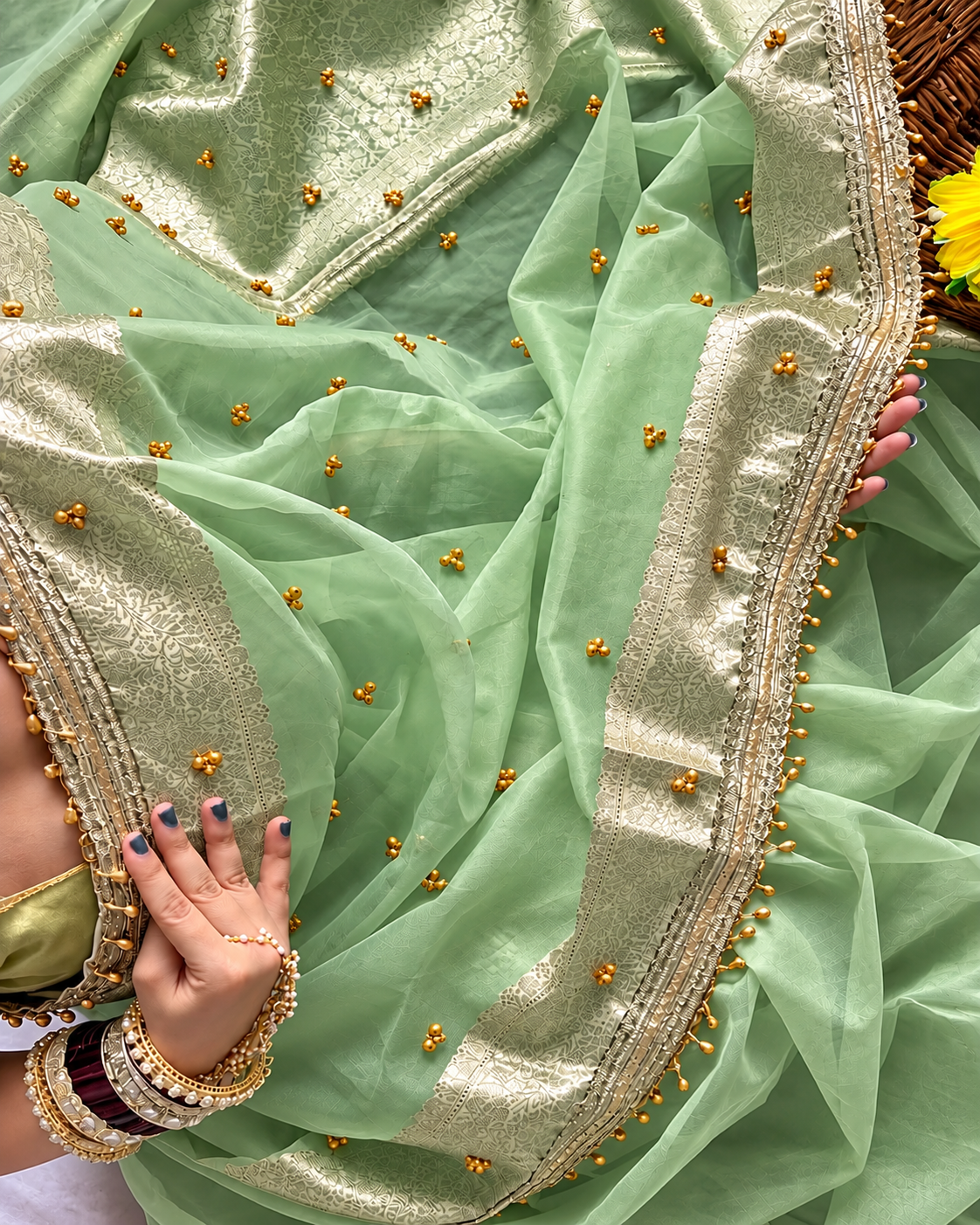 Mint Green Shade Viral Kora Tissue Ghungroo Saree