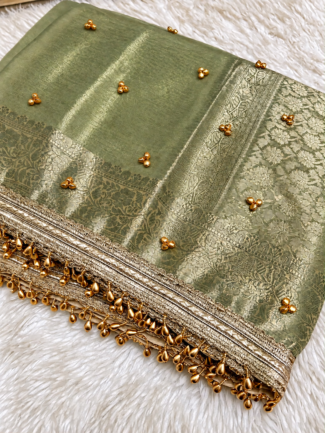 Olive Green Shade Viral Kora Tissue Ghungroo Saree