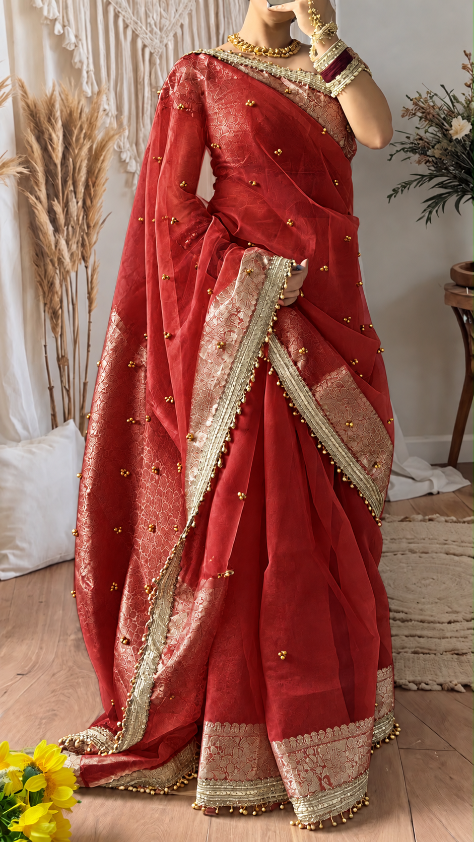 Red Shade Viral Kora Tissue Ghungroo Saree